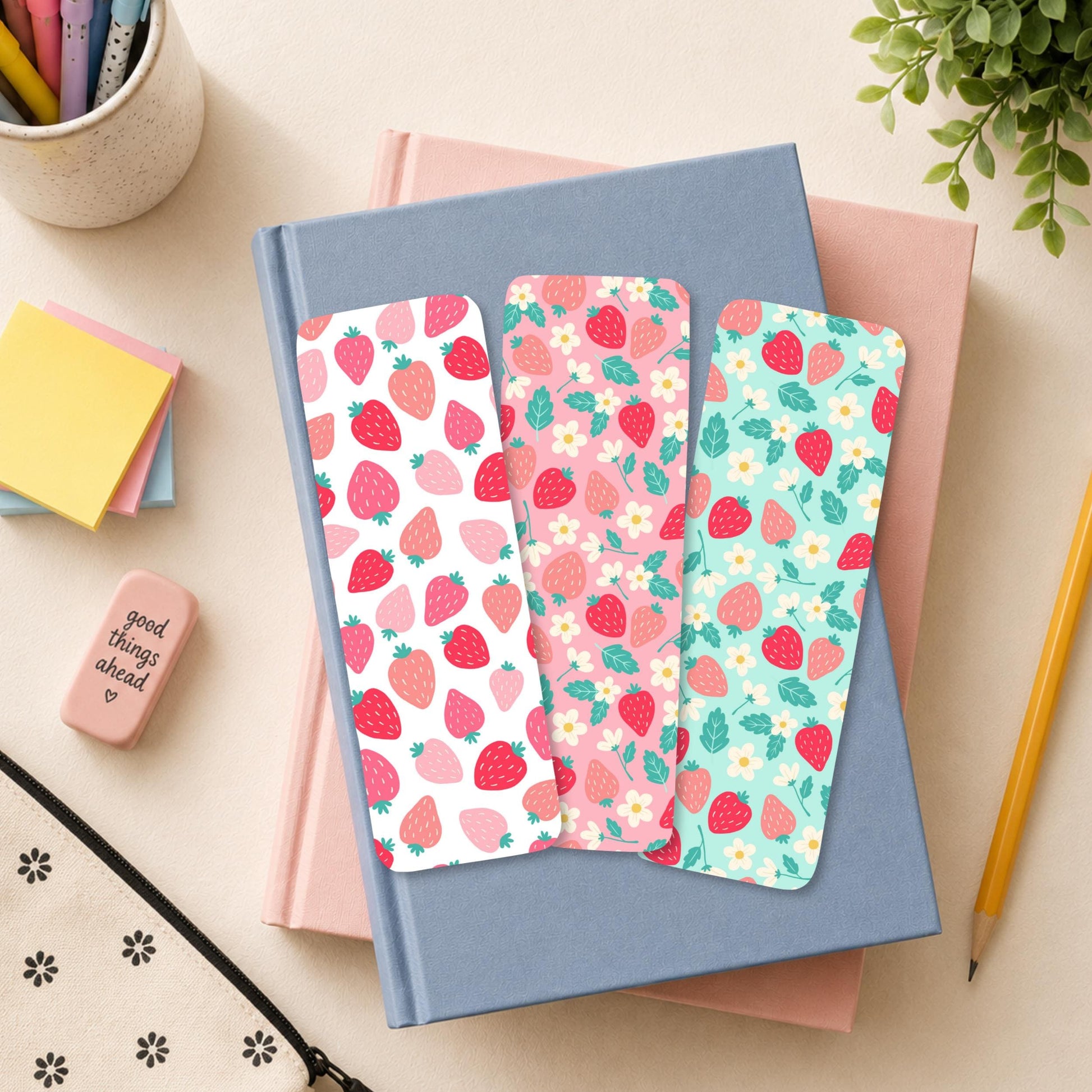 Strawberry Bookmark Set Three Pack Laminated Reading Gift Teacher Appreciation Present Cute Book Lover Supplies Student Classroom Reward Pink Floral Fruit Pattern Page Marker Collection Durable Construction Rounded Corners Journal Accessory