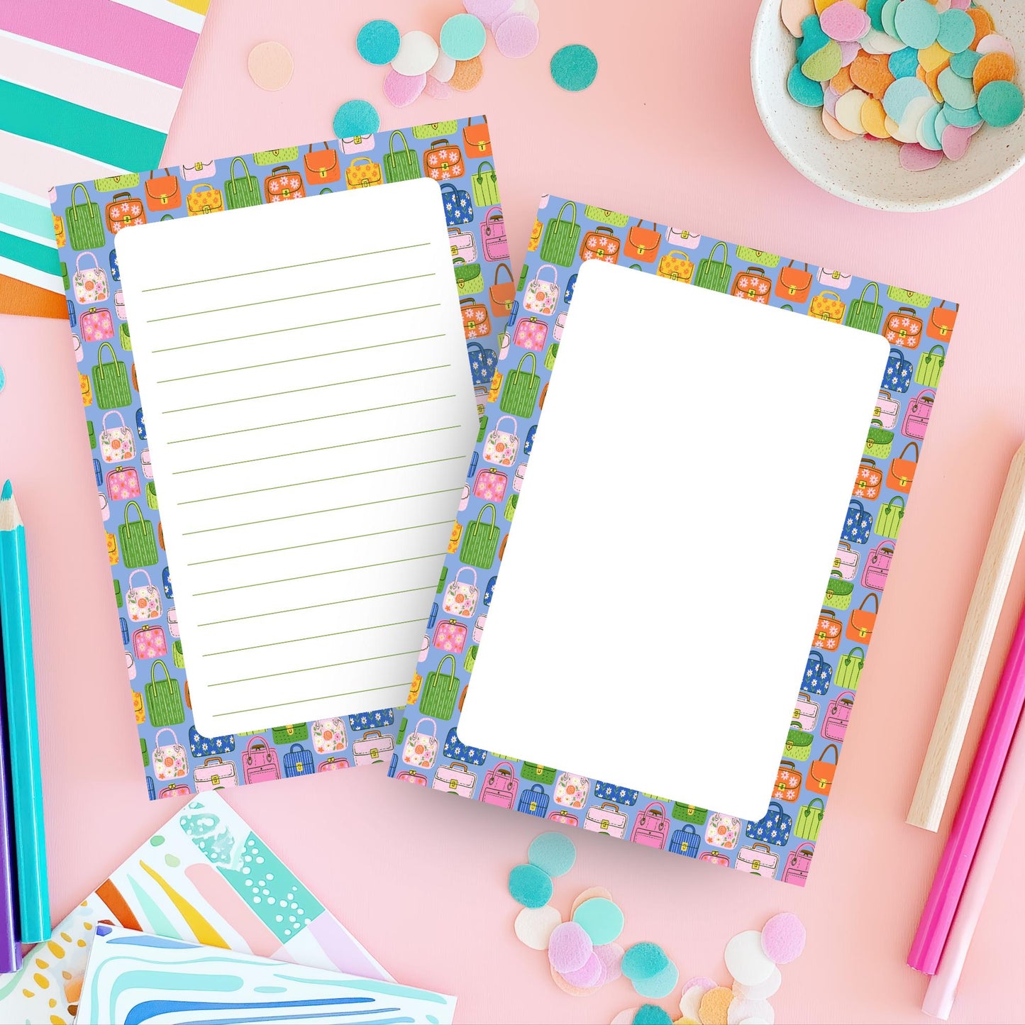 Fashion Handbag Notepad Stylish Gift For Women Premium 5x7 Tearaway Memo Pad 50 Sheets Colorful Purse Border Design Lined Unlined Options Perfect Stationery Gift Fashion Lover Boutique Style Writing Paper Chipboard Backing Quality