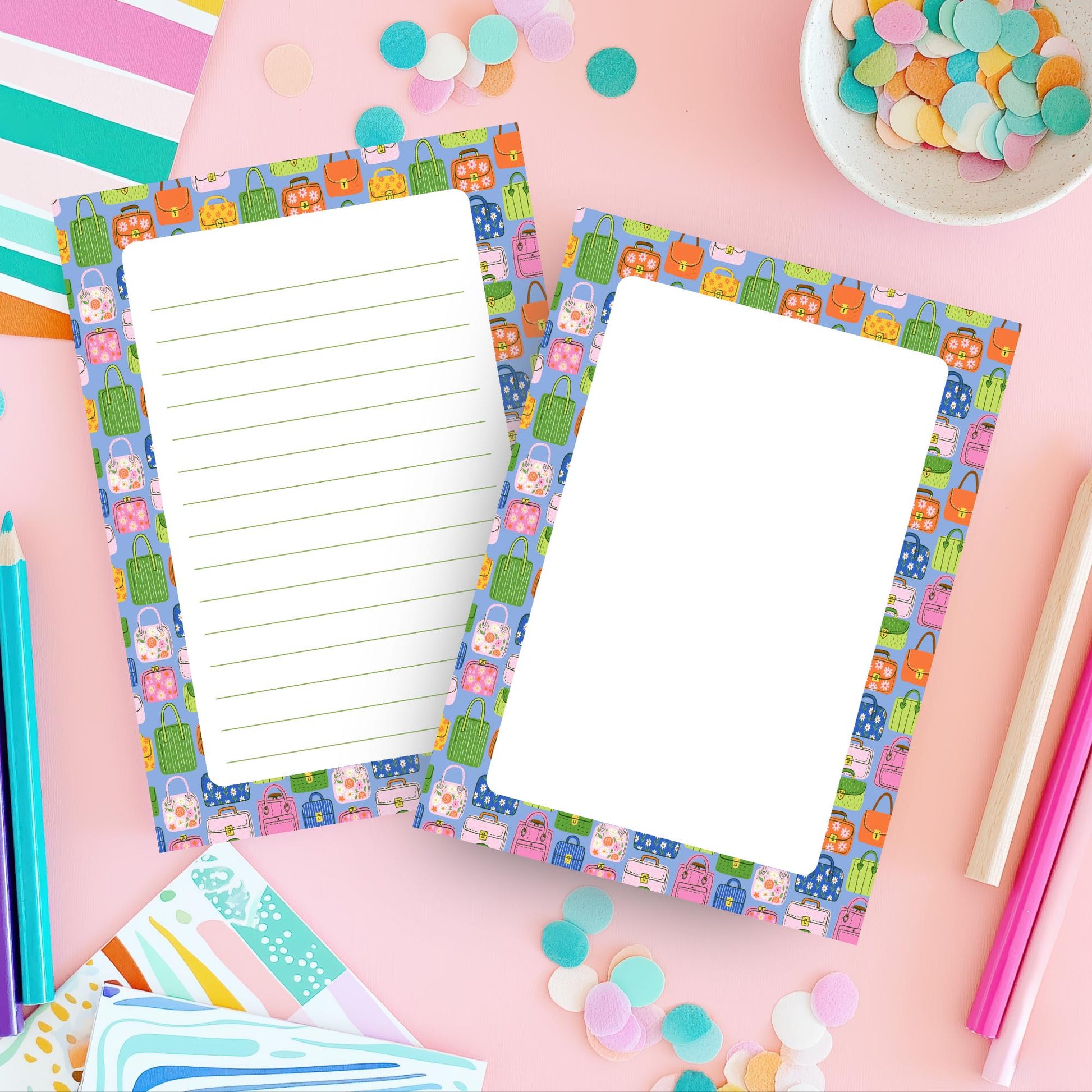 Fashion Handbag Notepad Stylish Gift For Women Premium 5x7 Tearaway Memo Pad 50 Sheets Colorful Purse Border Design Lined Unlined Options Perfect Stationery Gift Fashion Lover Boutique Style Writing Paper Chipboard Backing Quality