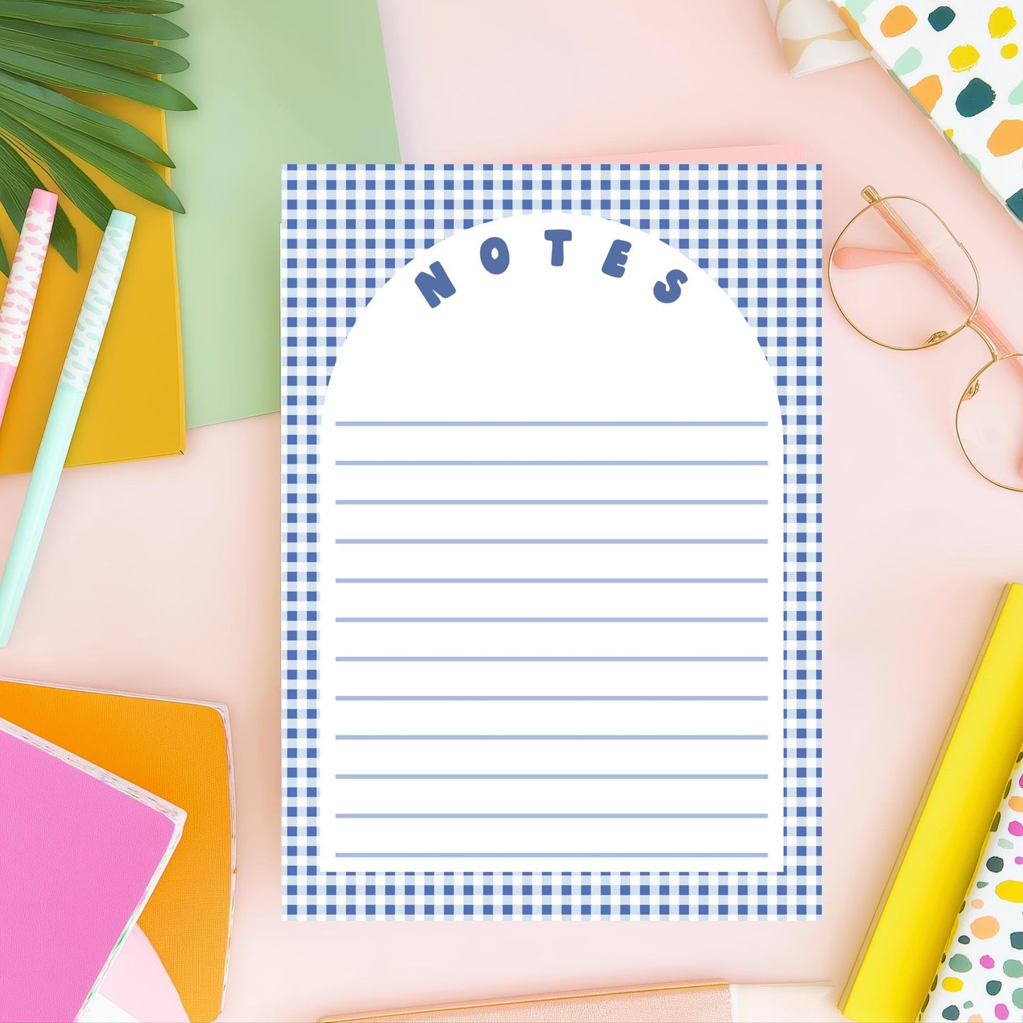 Blue Gingham Notepad Lined Writing Paper Tear Away Pages Premium Paper Stock Chipboard Backing Firm Writing Surface Office Organization Desk Supplies Daily Task Planning Shopping List Pad 5x7 Inches 50 Sheet Collection Checkered Border