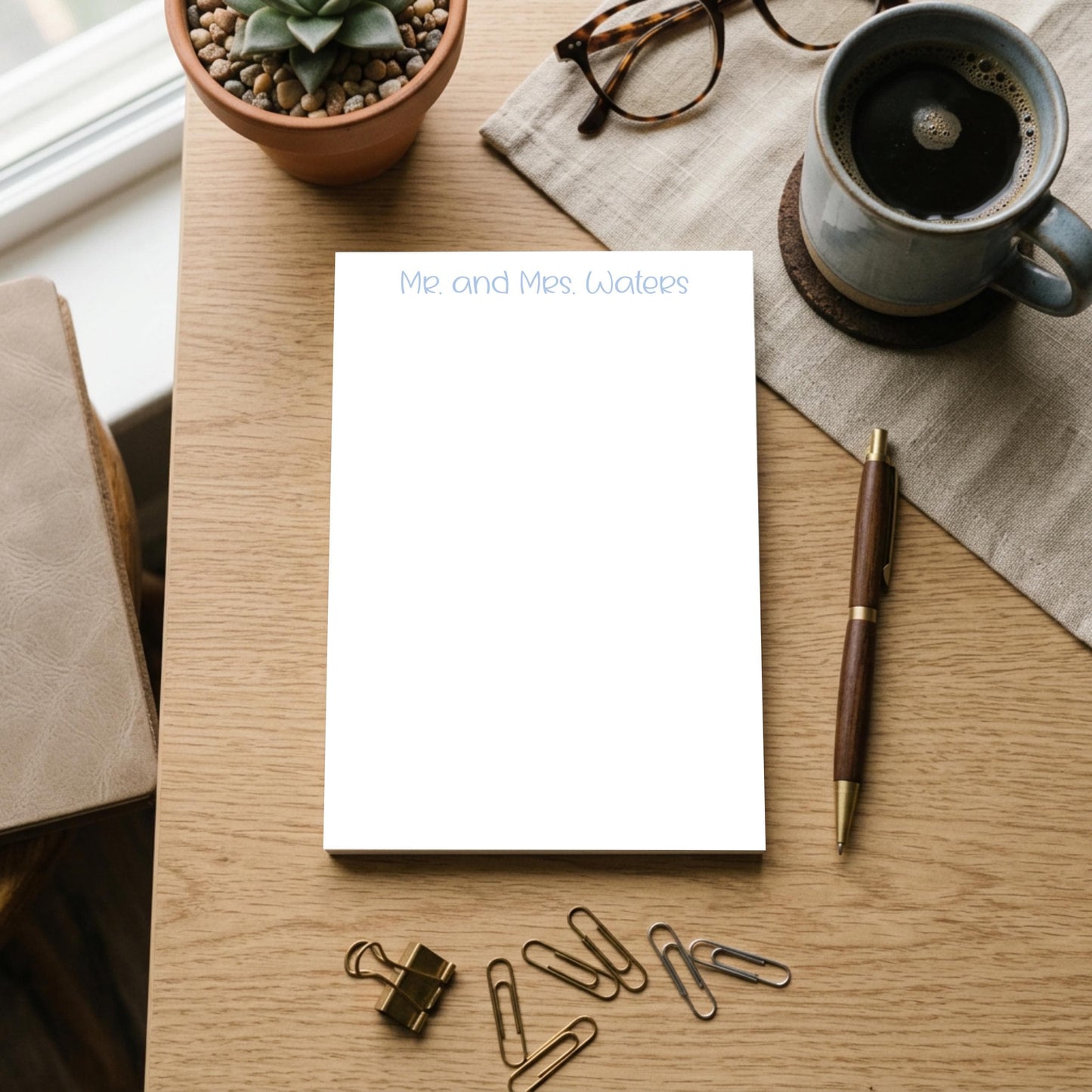 Bridal Shower Gift Personalized Wedding Notepad Custom Name Memo Pad Mr Mrs Monogrammed Stationery Newlywed Present 50 Page Writing Paper Quality Tear Away Sheets Elegant Light Blue Font Couple Gift Daily Notes Lists 5x7 Inch Size Chipboard