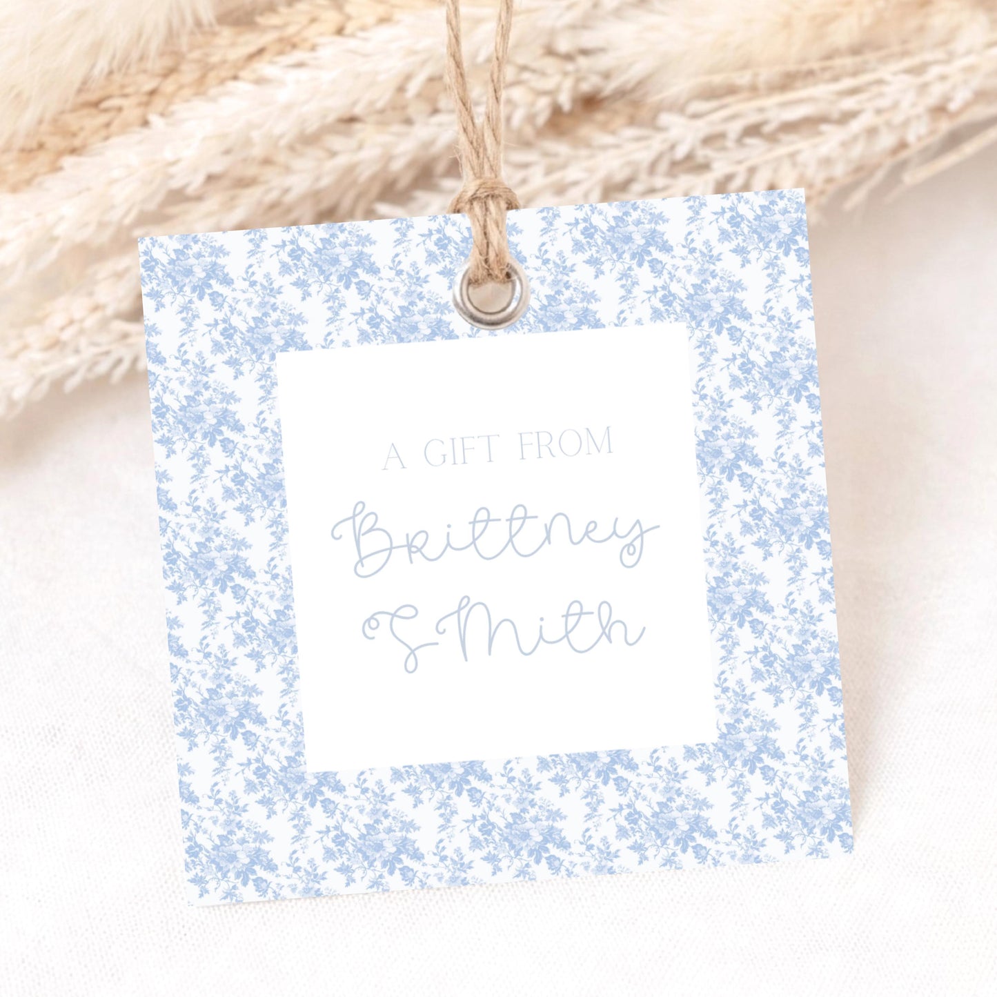 Personalized Gift Tags Blue Floral Design Wedding Favor Labels Blank Cardstock Name Cards Bridal Shower Party Tags Baby Keepsake Labels Birthday Celebration Gift Tags Square Shape Design Elegant Botanical Border Pattern White Center Writing