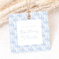 Personalized Gift Tags Blue Floral Design Wedding Favor Labels Blank Cardstock Name Cards Bridal Shower Party Tags Baby Keepsake Labels Birthday Celebration Gift Tags Square Shape Design Elegant Botanical Border Pattern White Center Writing