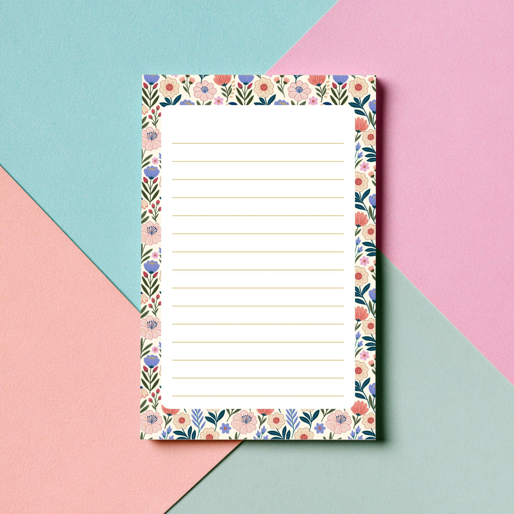 Spring Garden Floral Notepad Pink Coral Blue Flowers Botanical Writing Paper Tear Away Sheets Cream Background Elegant Design 50 Premium Paper Pages Lined Journal Stationery Desk Notes Letter Writing Office Supplies Beautiful Floral Border