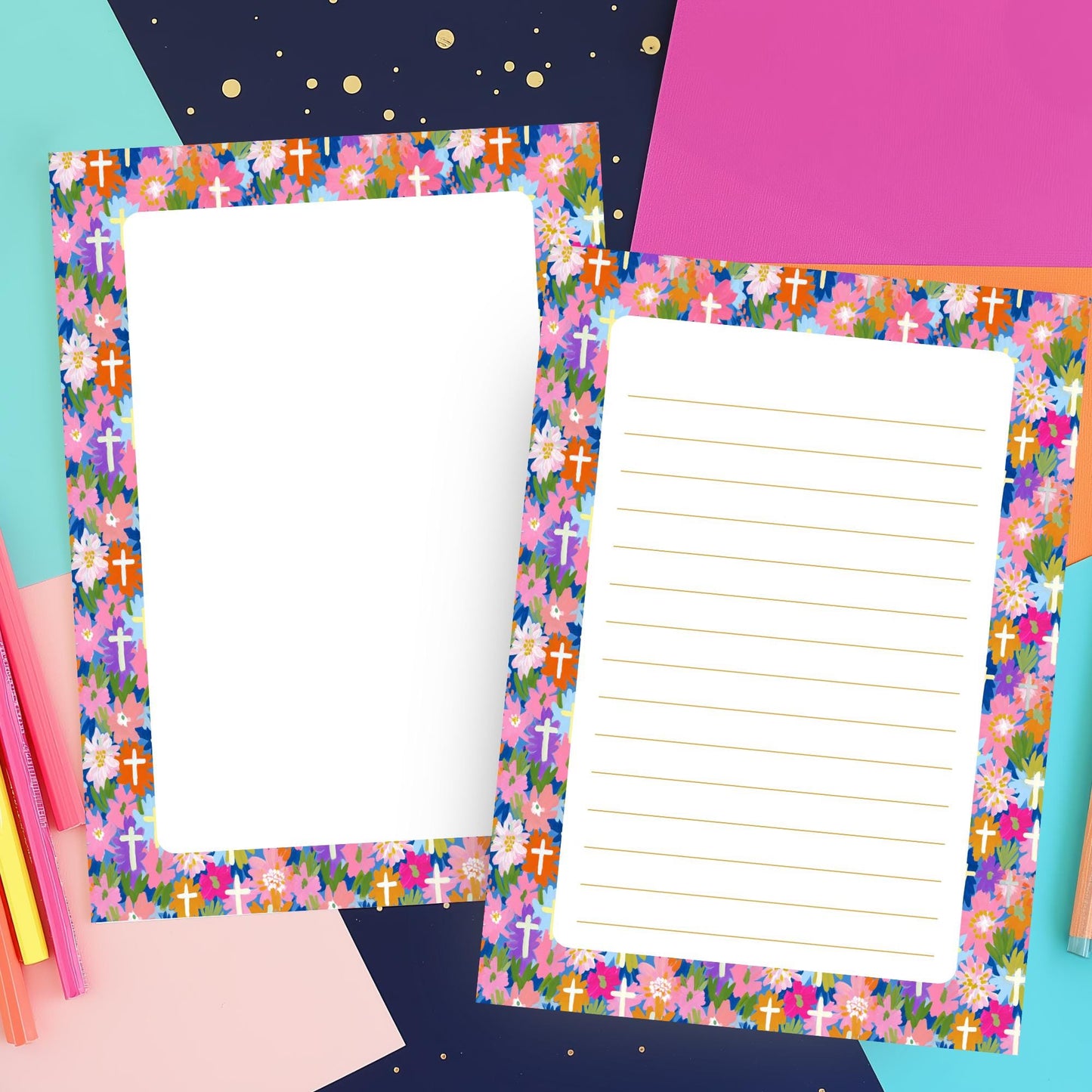 Christian Stationery Paper Floral Border Design Faith Themed Writing Sheets Navy Blue Background White Cross Accents Botanical Flower Border Pink Orange Purple Blue Flowers Green Leaves Premium Quality Paper Perfect Church Communication