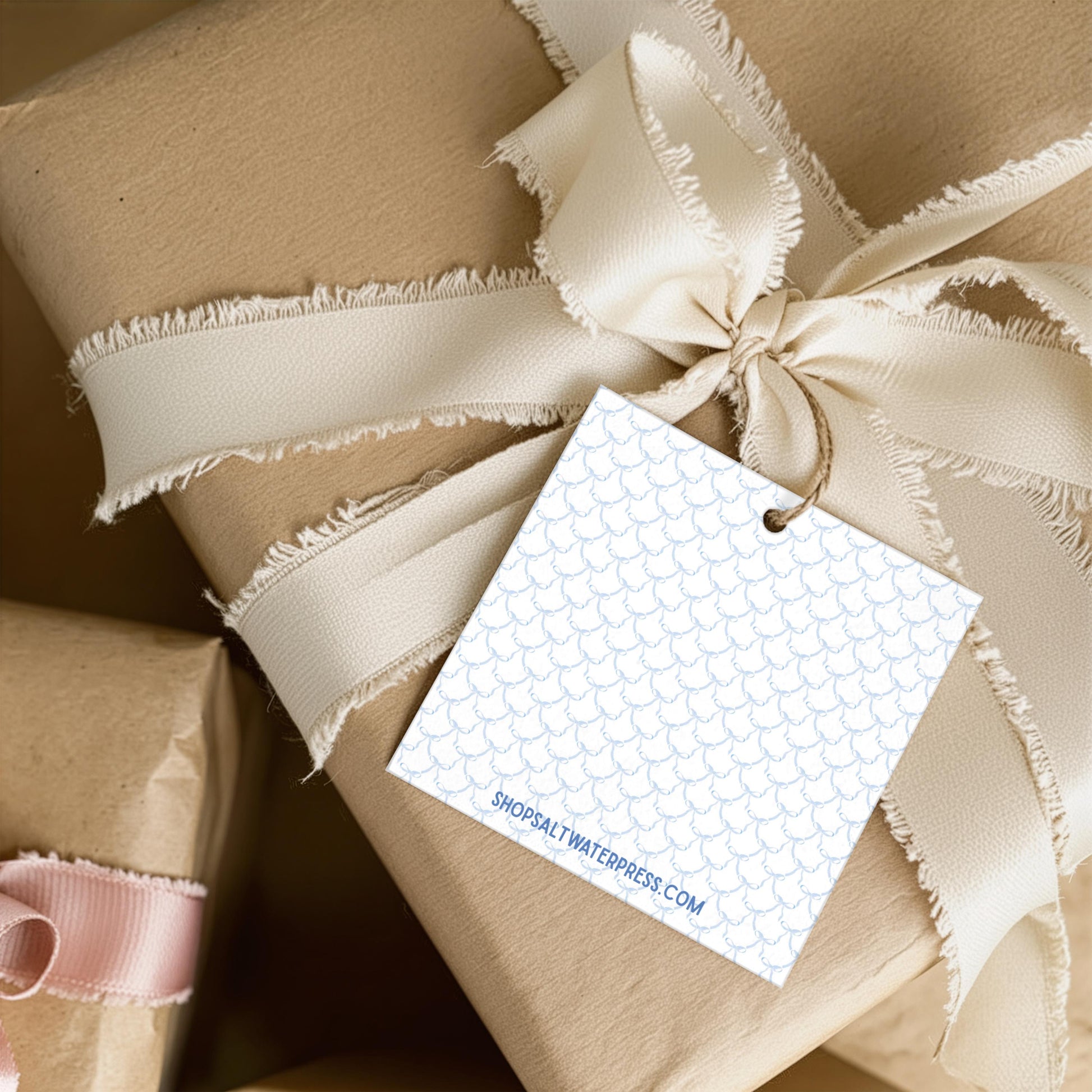 Baby Shower Favor Tag Personalized Name Label Custom Gift Tag Scalloped Border Pattern Light Blue Linen Texture Square Format Design Premium Cardstock Material Birthday Party Wrapping Accessory Wedding Celebration Package Label Bridal Gift