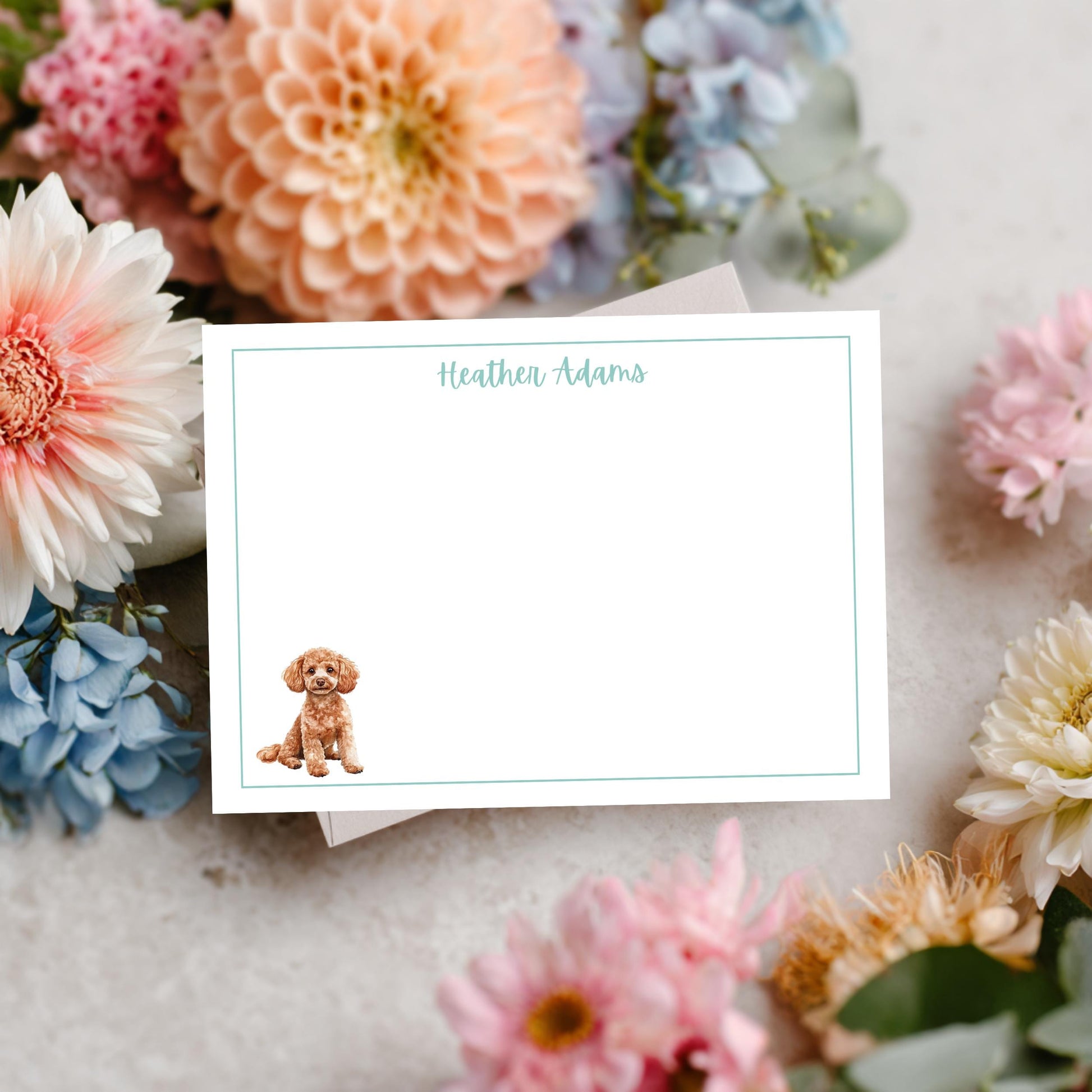 Personalized Dog Stationery Custom Poodle Notepad Watercolor Pet Illustration Monogram Name Design Premium Cardstock Paper Tear Off Sheets Dog Lover Gift Birthday Present Pet Owner Stationery Doodle Notecard Collection Thank You Notes