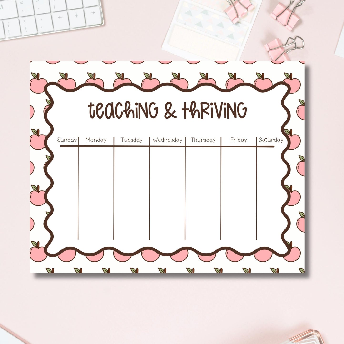 Teacher Weekly Planner Notepad Pink Apple Border Design Teaching And Thriving Header Seven Day Columns Sunday Through Saturday Tearaway Desk Organizer Classroom Planning Pad Lesson Schedule Tracker Task List Organization Tool Educator
