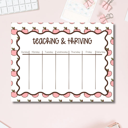 Teacher Weekly Planner Notepad Pink Apple Border Design Teaching And Thriving Header Seven Day Columns Sunday Through Saturday Tearaway Desk Organizer Classroom Planning Pad Lesson Schedule Tracker Task List Organization Tool Educator