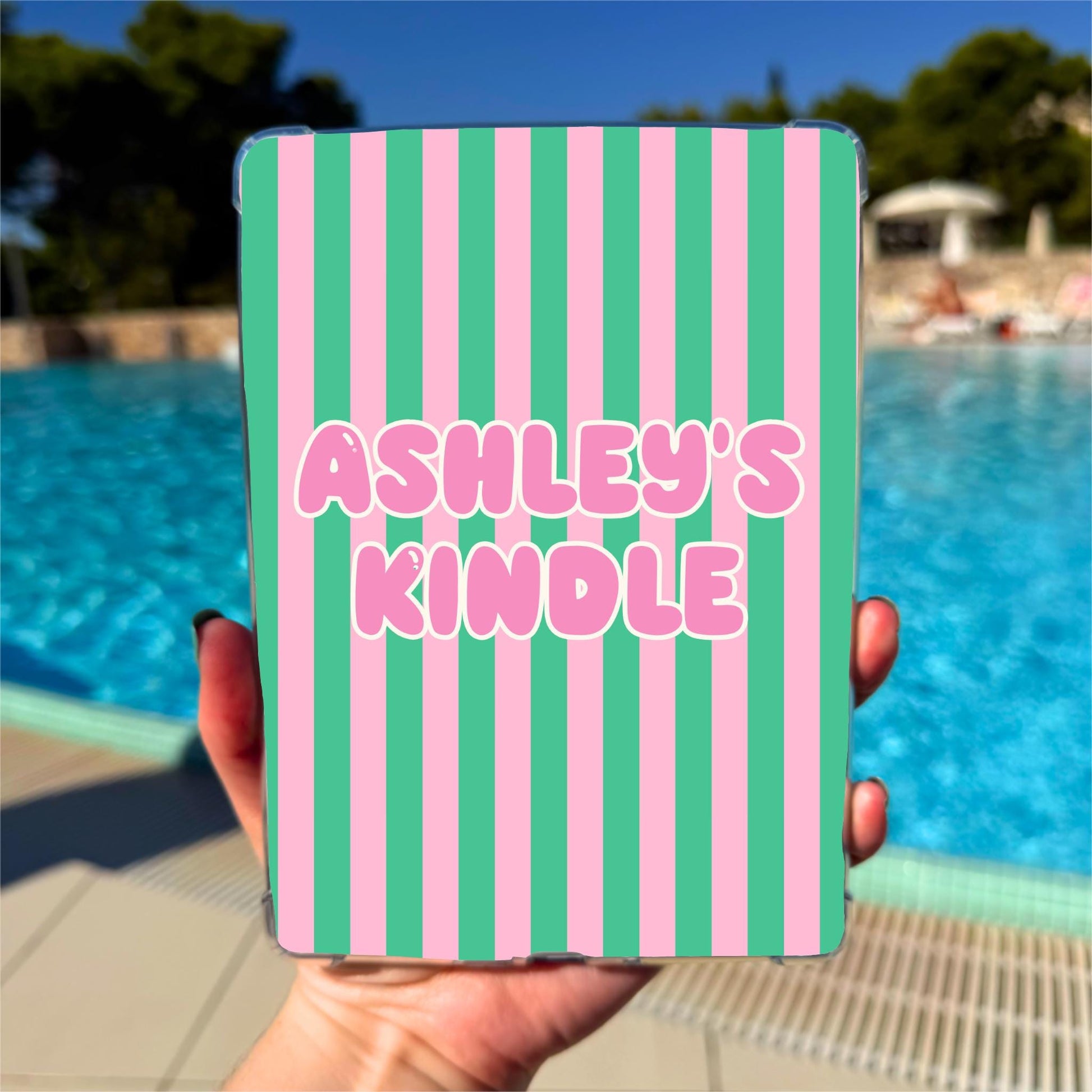 Custom Kindle Case Insert Personalized Name Design Bubble Letter Monogram Style Pink Green Vertical Striped Pattern Perfect Gift For Book Lover Reader Enthusiast Laminated Cardstock Protection Clear Case Compatible Ereader Accessory Preppy