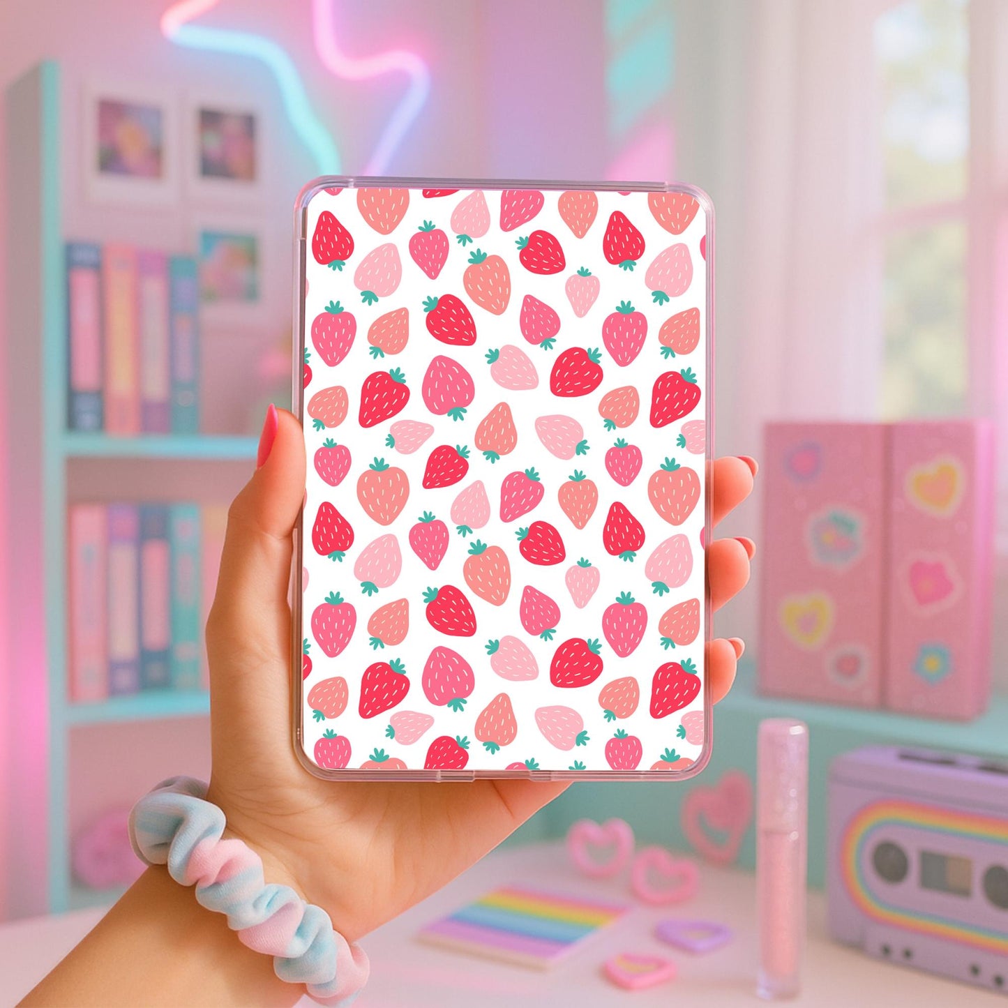 Strawberry Pattern Design Kindle Insert Art Case Paperwhite Accessory Cute Fruit Theme E Reader Protection Laminated Premium Cardstock Material Gift For Book Lovers Colorsoft Model Compatible Easy To Install Clear Case Insert Vibrant Summer