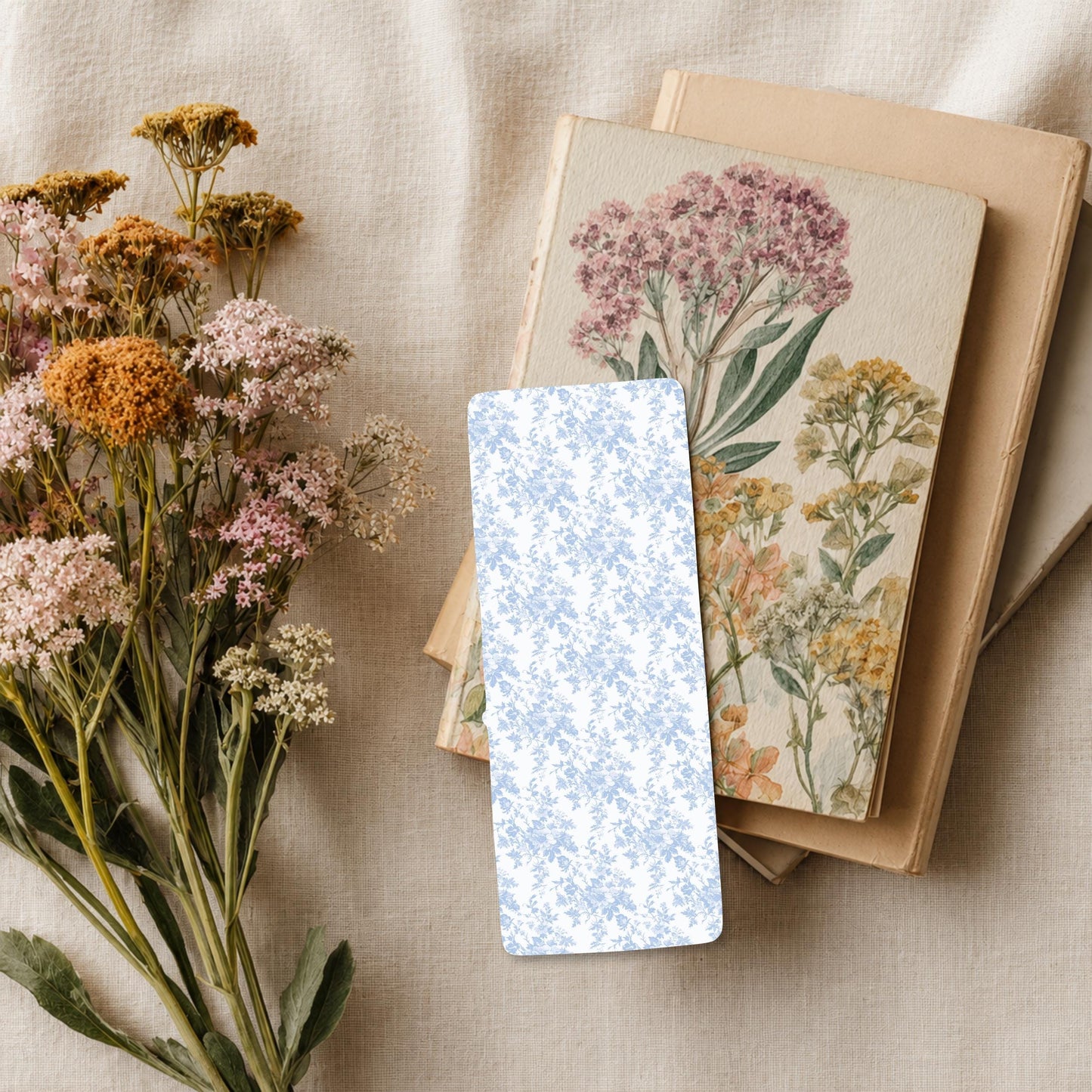 Laminated Reading Bookmark Blue Floral Toile Design Premium Page Marker Book Lover Essential Vintage Chinoiserie Pattern Literary Gift Collection Teacher Appreciation Present Durable Quality Construction Rounded Corner Safety Beautiful