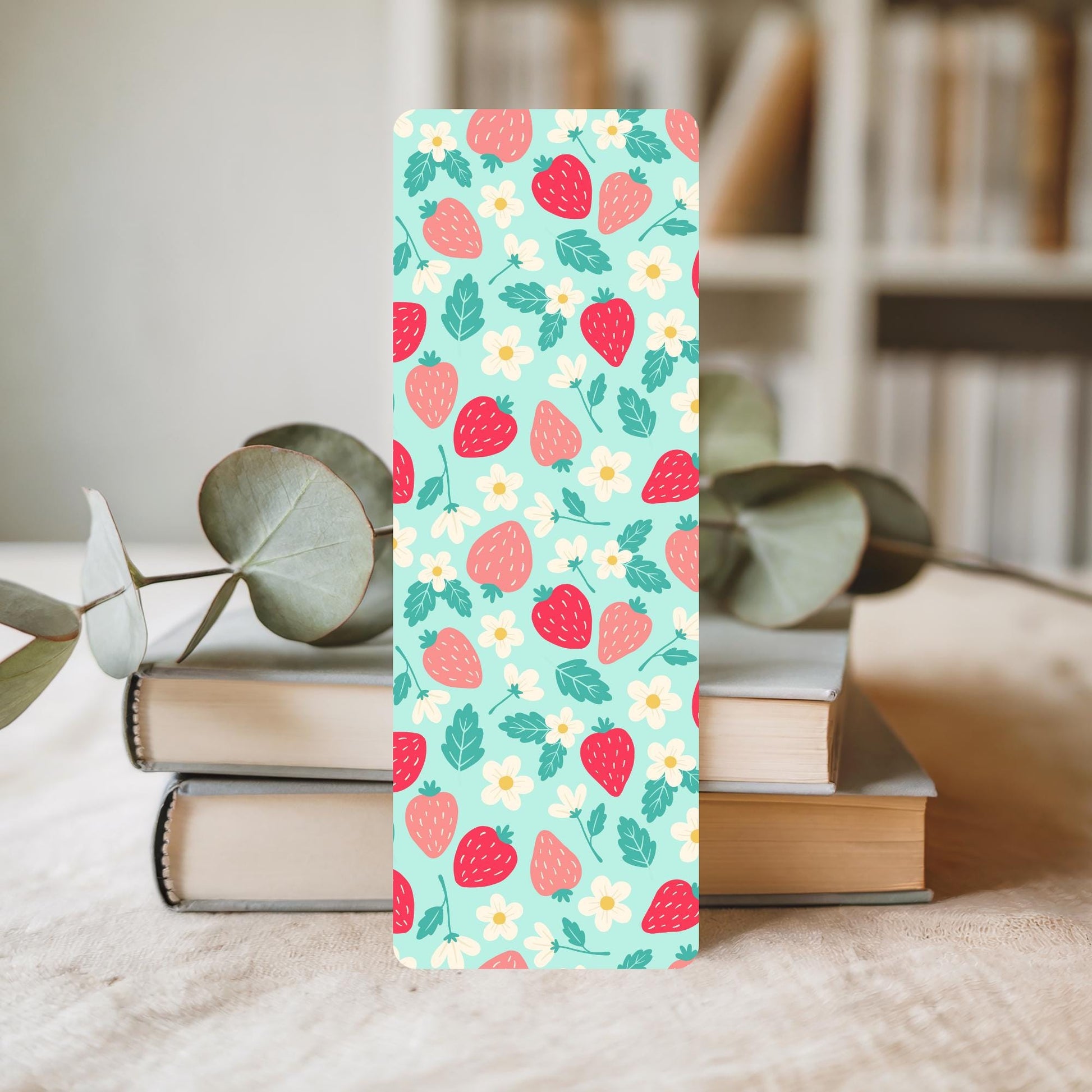 Laminated Bookmark Collection Strawberry Design Three Pack Set Durable Reading Essential Page Marker Gift Pink Mint Green Floral Pattern Rounded Corner Construction Book Lover Present Student Supplies Teacher Appreciation Cute Kawaii