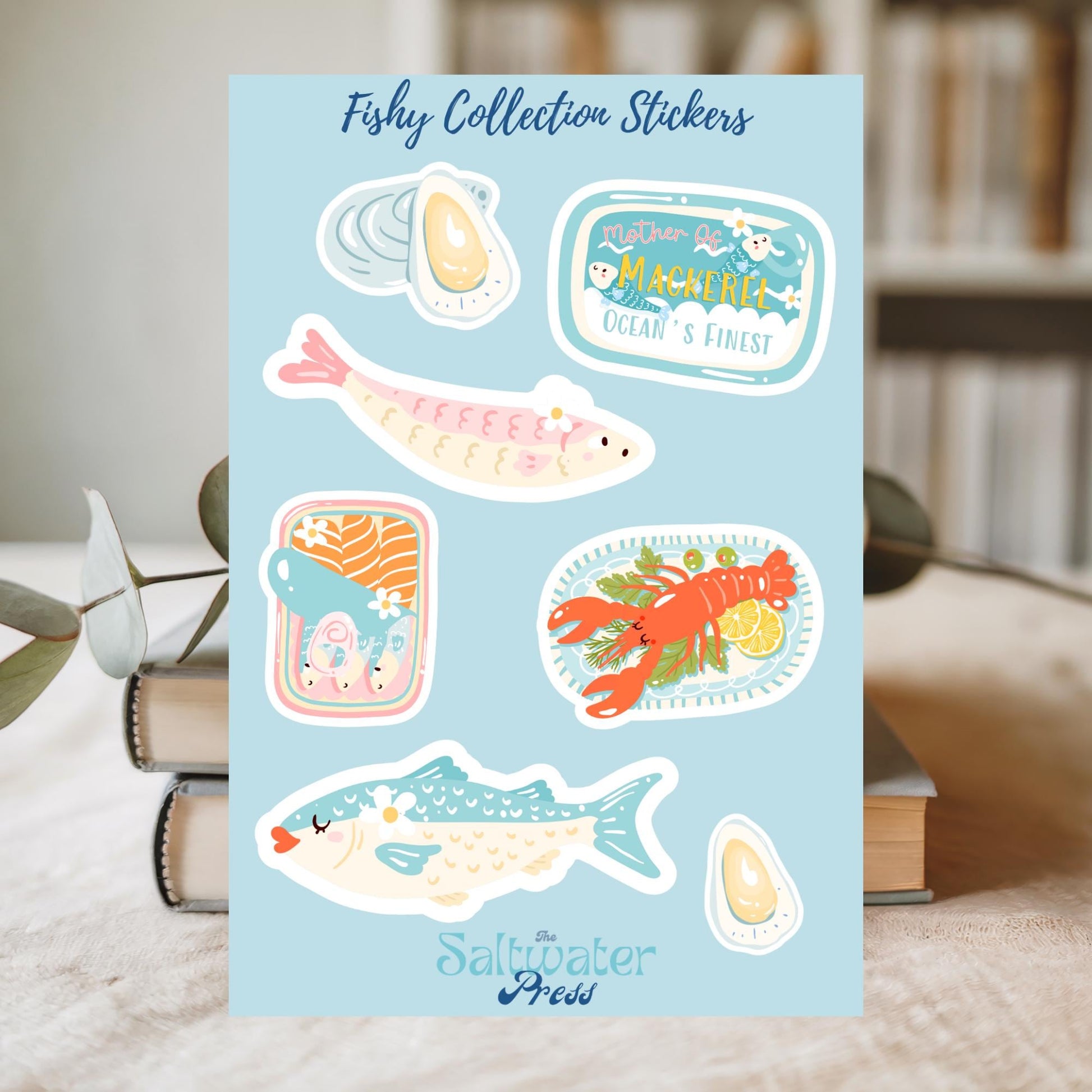 Waterproof Laptop Sticker Sheet Ocean Theme Seafood Collection Marine Life Designs Coastal Aesthetic Pastel Colors Lobster Fish Oyster Illustrations Premium Quality Kiss Cut Stickers Water Bottle Phone Case Journal Planner Personalization
