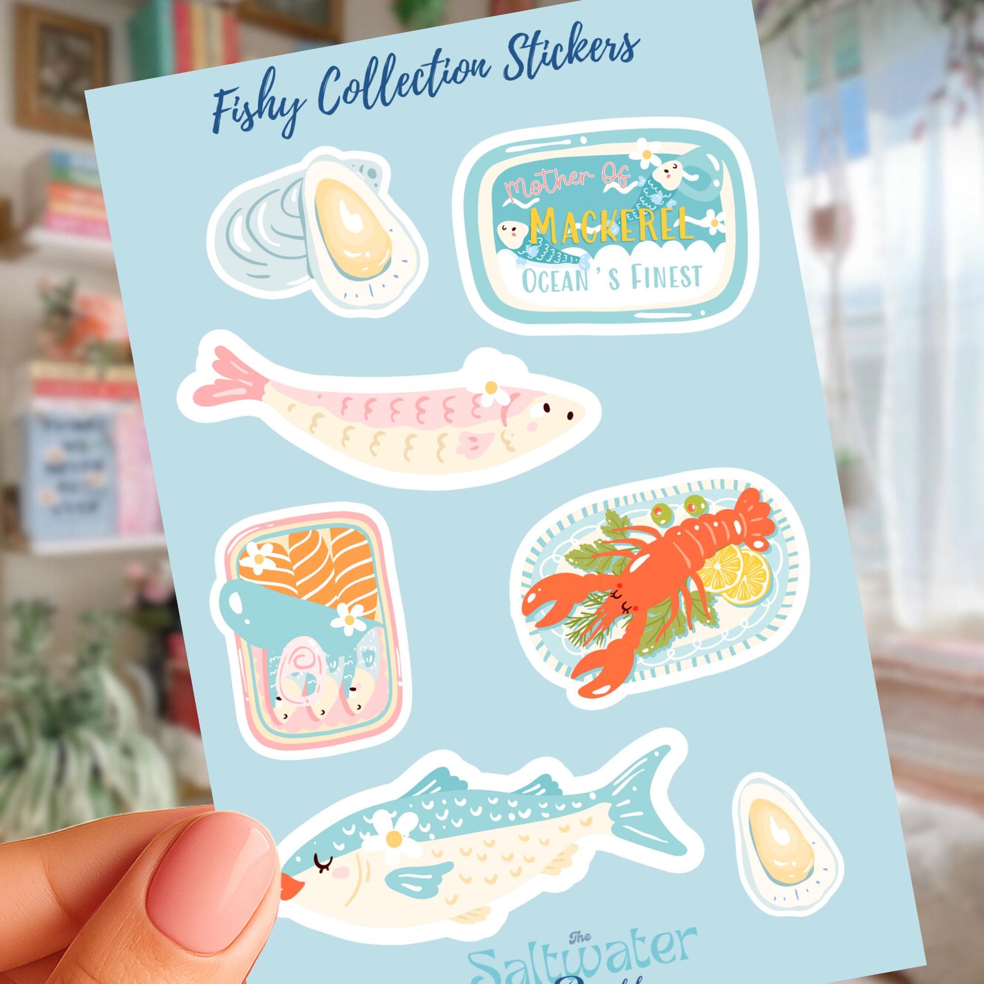 Ocean Theme Sticker Collection Seafood Illustration Sheet Marine Life Designs Waterproof Laptop Accessories Coastal Aesthetic Pack Lobster Fish Oyster Shrimp Mackerel Tin Pastel Color Palette Premium Quality Stickers Journal Planner