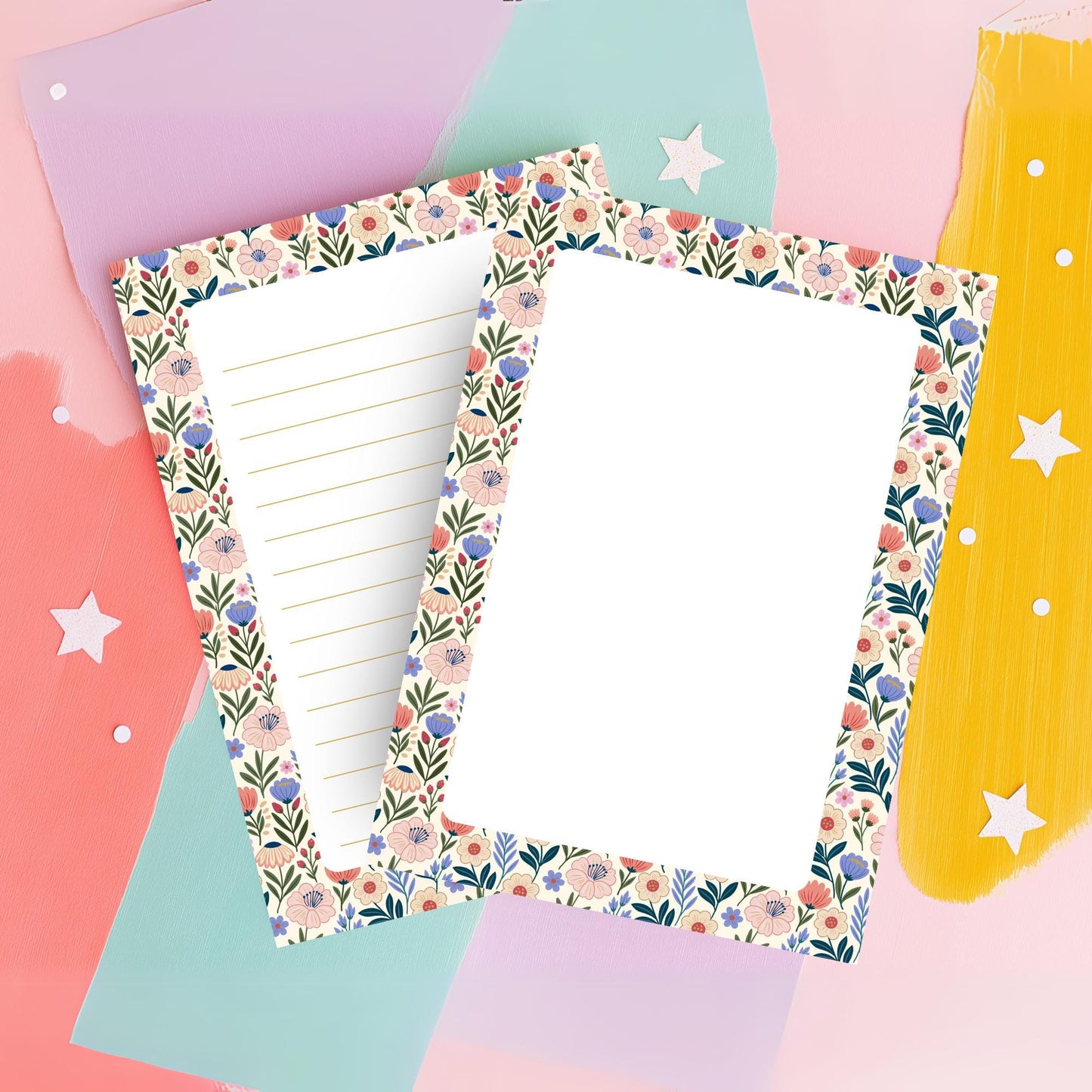 Floral Notepad Botanical Writing Paper Gift Tear Away Sheets Spring Garden Theme Pink Coral Blue Flowers Desk Stationery Set 50 Premium Paper Sheets Lined Journal Pages Letter Writing Correspondence Notes Cream Background Office Supplies