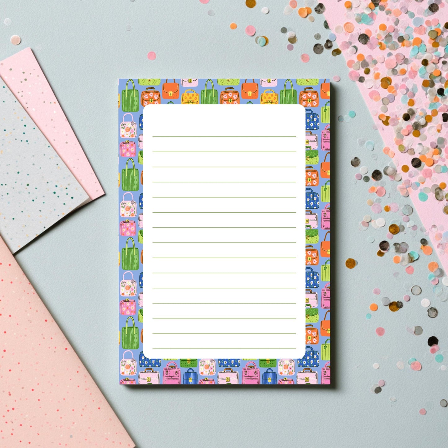 Stylish Memo Pad Fashion Stationery Gift Handbag Notepad 5x7 Size Premium Quality Paper 50 Tearaway Sheets Lined Unlined Options Colorful Purse Design Border Chipboard Backing Desk Accessories Office Supplies Shopping List Daily Notes