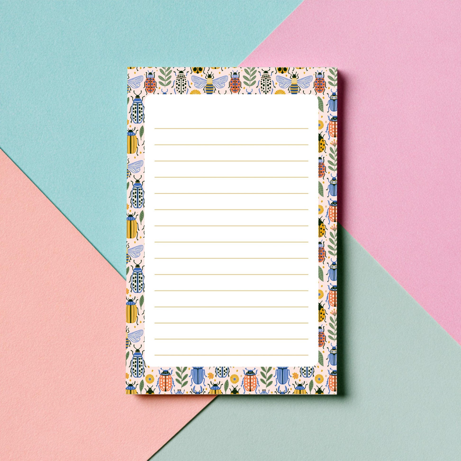 Insect Design Writing Pad Botanical Notepad Garden Theme Stationery Beetle Bee Butterfly Border Pattern Nature Lover Gift 50 Sheet Paper Pad Desk Organization Supplies Quality Construction Chipboard Backing Lined Unlined Format Note Taking