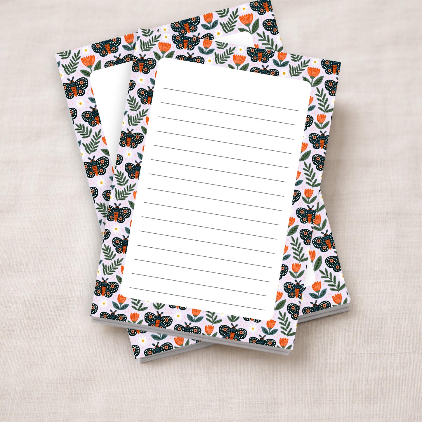 Botanical Desk Stationery Moth Notepad Lined Writing Pages Academia Aesthetic Design Fifty Tear Away Sheets Premium Matte Paper Orange Teal Moths Spotted Wings Orange Flowers Green Leaves Pattern Perfect Daily Notes To Do Lists Creative