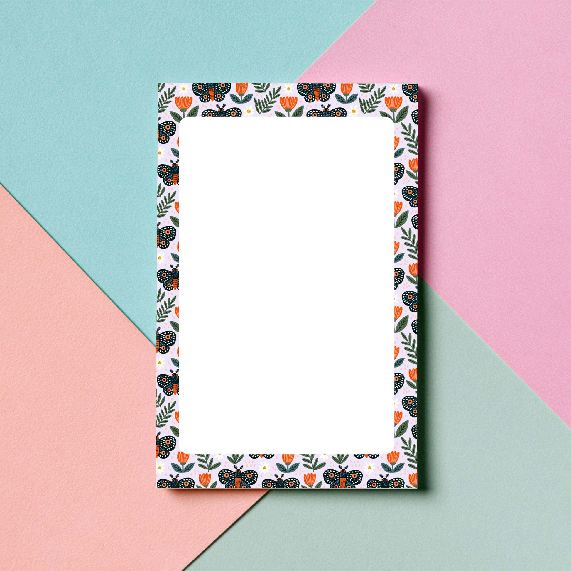 Desk Organization Notepad Lined Pages Botanical Moth Illustration Fifty Tear Away Sheets Premium Matte Paper Orange Teal Moths Spotted Wings Orange Flowers Green Leaves Pattern Academia Aesthetic Design Perfect Professional Notes Daily