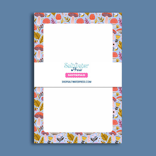 Mushroom Notepad Botanical Writing Paper Perfect Teacher Appreciation Gift Nature Lover Present 50 Sheet Desk Organizer Woodland Folk Art Design Light Blue Background Coral Mustard Illustrations Daily List Making Office Supplies Cute
