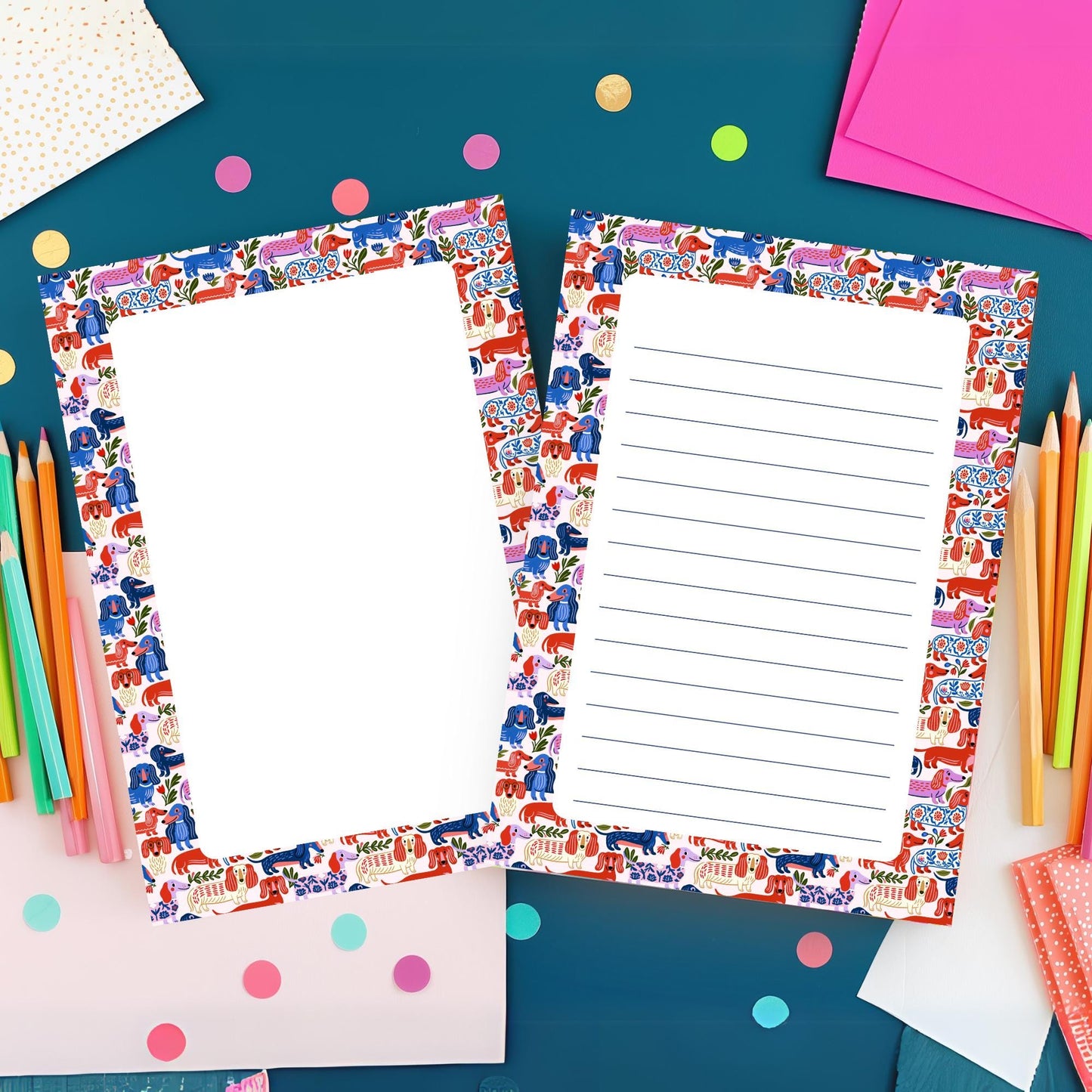 Lined Writing Pad Desk Supplies Office Stationery Folk Art Design Dachshund Notepad Colorful Animal Theme Fifty Tear Away Sheets Premium Paper Quality Chipboard Backing Daily Note Taking Memo Pad Shopping List Maker Gift For Dog Lovers Pet