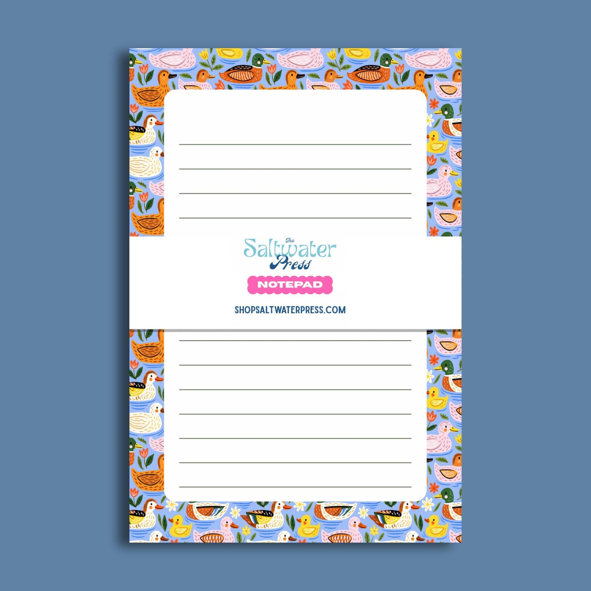 Duck Lined Notepad Fifty Tearaway Sheets Colorful Bird Stationery Gift Animal Lover Office Supplies Cute Writing Pad Daily Notes Desk Organization Home Workspace Premium Memo Paper Cheerful Blue Background Floral Design Pattern Five By