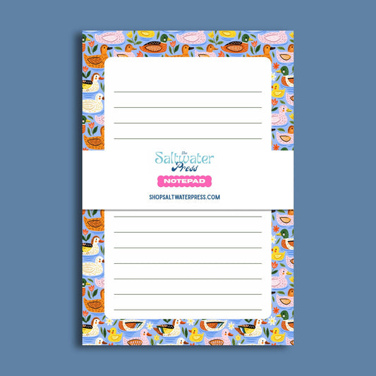 Duck Lined Notepad Fifty Tearaway Sheets Colorful Bird Stationery Gift Animal Lover Office Supplies Cute Writing Pad Daily Notes Desk Organization Home Workspace Premium Memo Paper Cheerful Blue Background Floral Design Pattern Five By