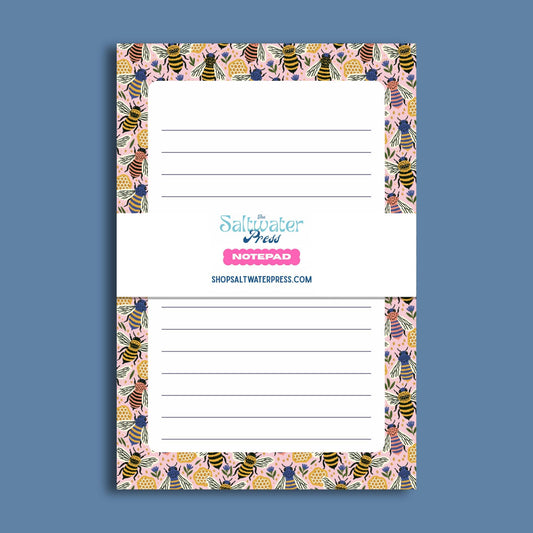 Bee Notepad Lined Writing Paper Tear Off Sheets Pink Floral Design Border Pattern Nature Themed Stationery Desk Accessories Office Supplies Teacher Gift Ideas Memo Pad Daily Note Taking Essential Cute Stationery Collection Botanical