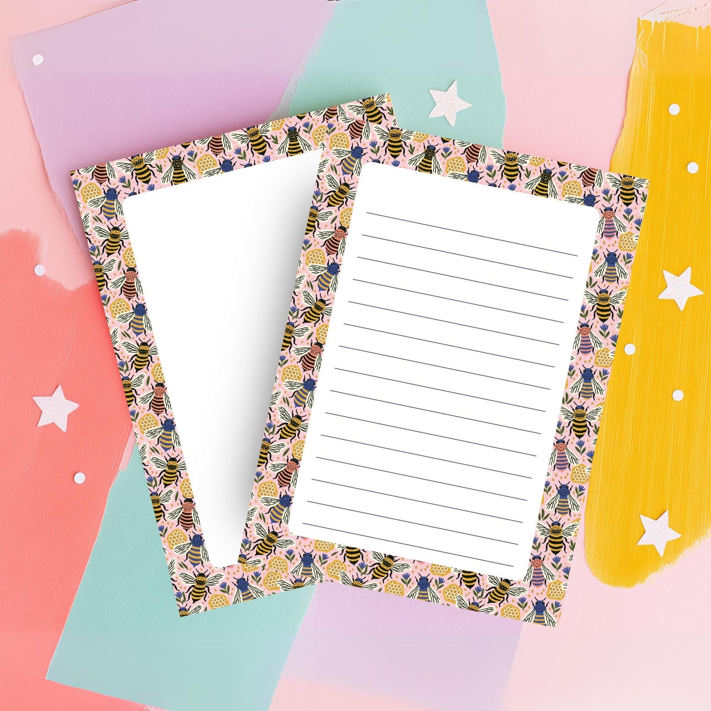 Tear Off Notepad Bee Floral Border Design Pink Lined Writing Paper Sheets Desk Memo Pad Office Stationery Supplies Teacher Gift Ideas Nature Themed Paper Goods Daily Note Taking Essentials Cute Botanical Pattern Stationery Garden Lover