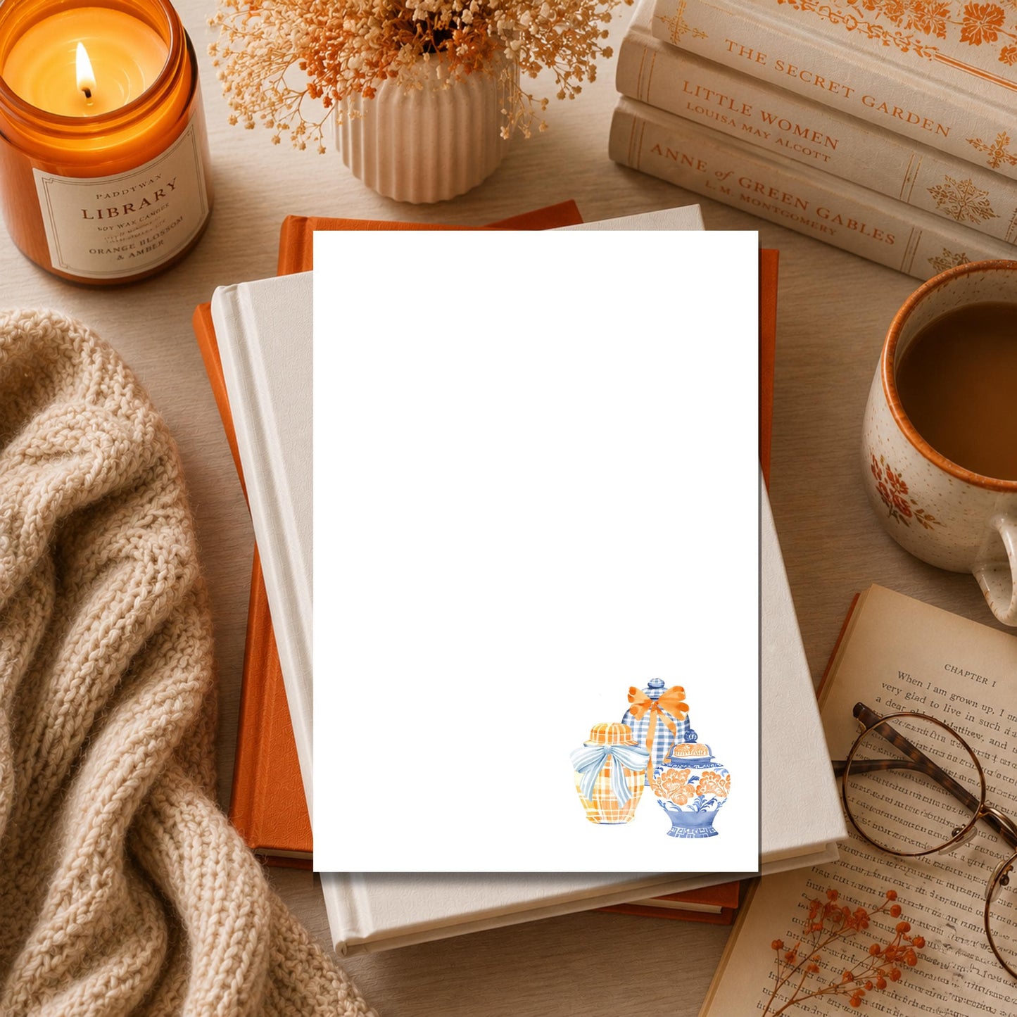 Preppy Desk Notepad Ginger Jar Illustration Blue Orange Chinoiserie Style Tear Away Writing Tablet Fifty Sheet Memo Pad Office Essential Daily List Maker Decorative Stationery Coastal Home Office Supply Gift Idea Grandmillennial Style Paper