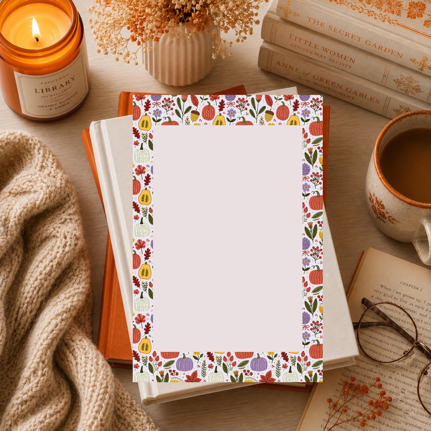 Harvest Design Notepad Fall Autumn Theme Pumpkin Border Beautiful Seasonal Stationery Lined Writing Pages Premium Paper Quality Festive Fall Decor Orange Yellow Purple Colors Teacher Supply Office Essential Desk Organizer Perfect Gift
