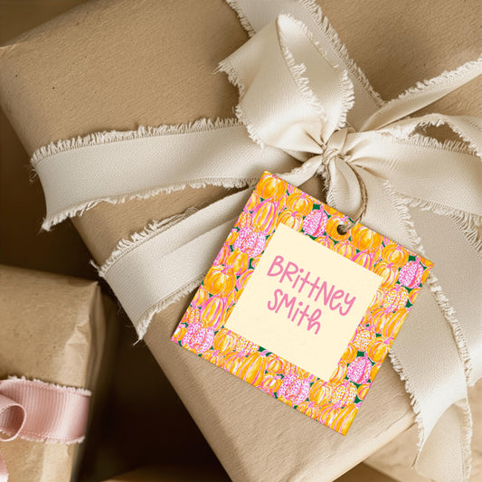 Personalized Gift Tag Custom Name Label Fall Autumn Celebration Pumpkin Floral Design Orange Pink Pattern Thanksgiving Birthday Party Favor Halloween Harvest Festival Present Package Label Premium Linen Cardstock Square Tag Double Sided