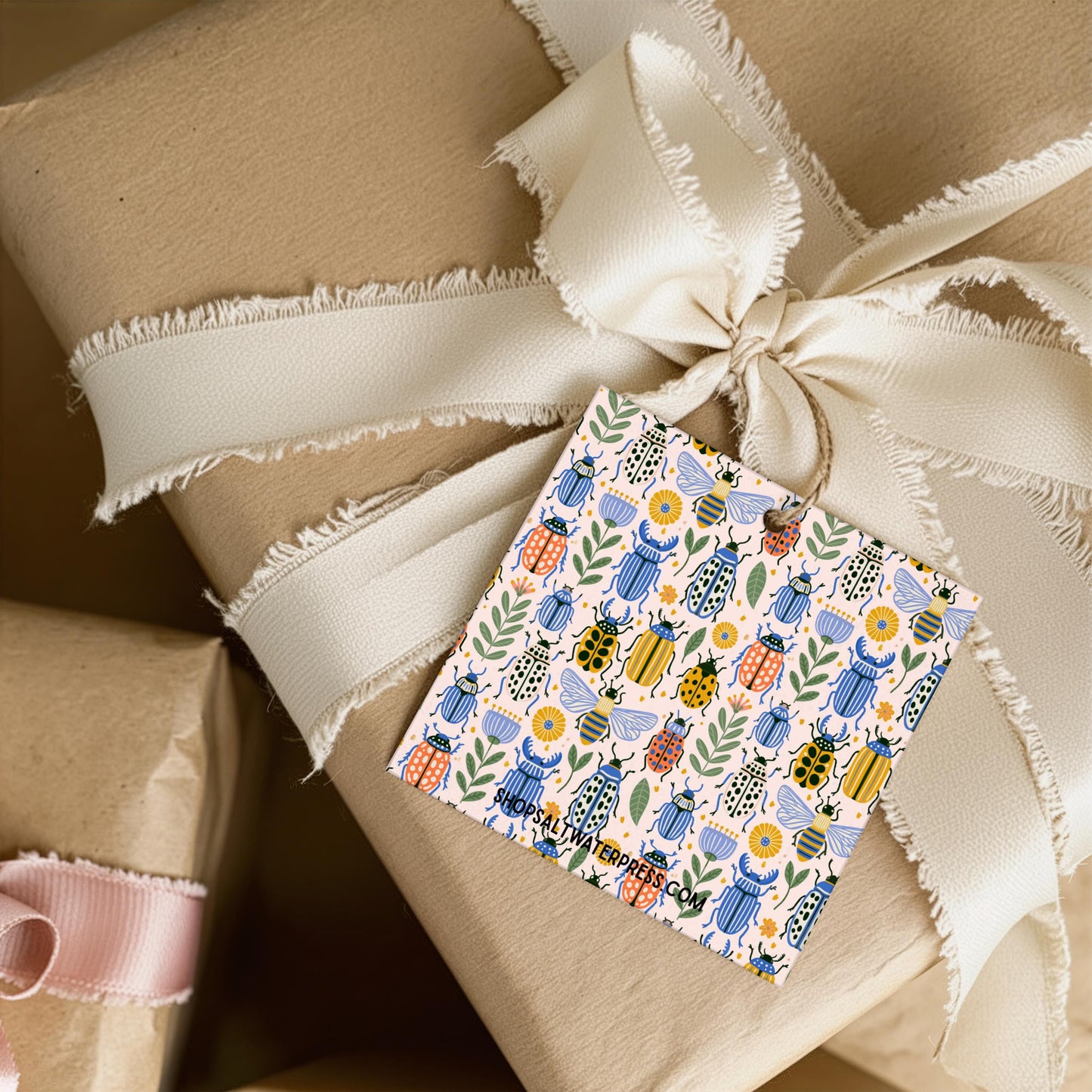 Custom Name Card Personalized Baby Shower Tag Botanical Insect Design Beetle Bee Floral Pattern Premium Linen Cardstock Gift Wrapping Label Birthday Party Place Setting Nursery Organization Whimsical Nature Theme Square Format Colorful Blue