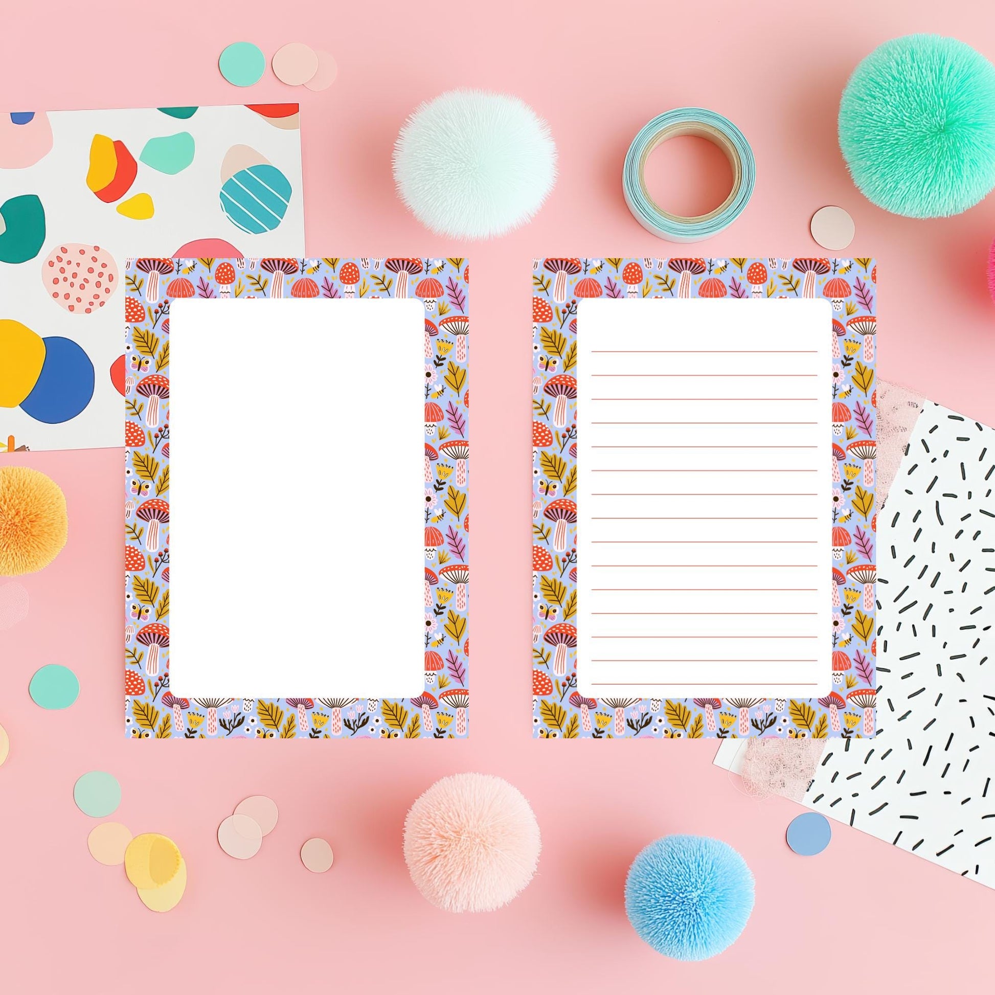 Botanical Notepad Mushroom Design Cute Stationery Gift Nature Lover Present 50 Sheet Writing Paper Woodland Folk Art Style Daily Desk Organizer Light Blue Background Office Supplies Teacher Appreciation Premium Quality Coral Mustard