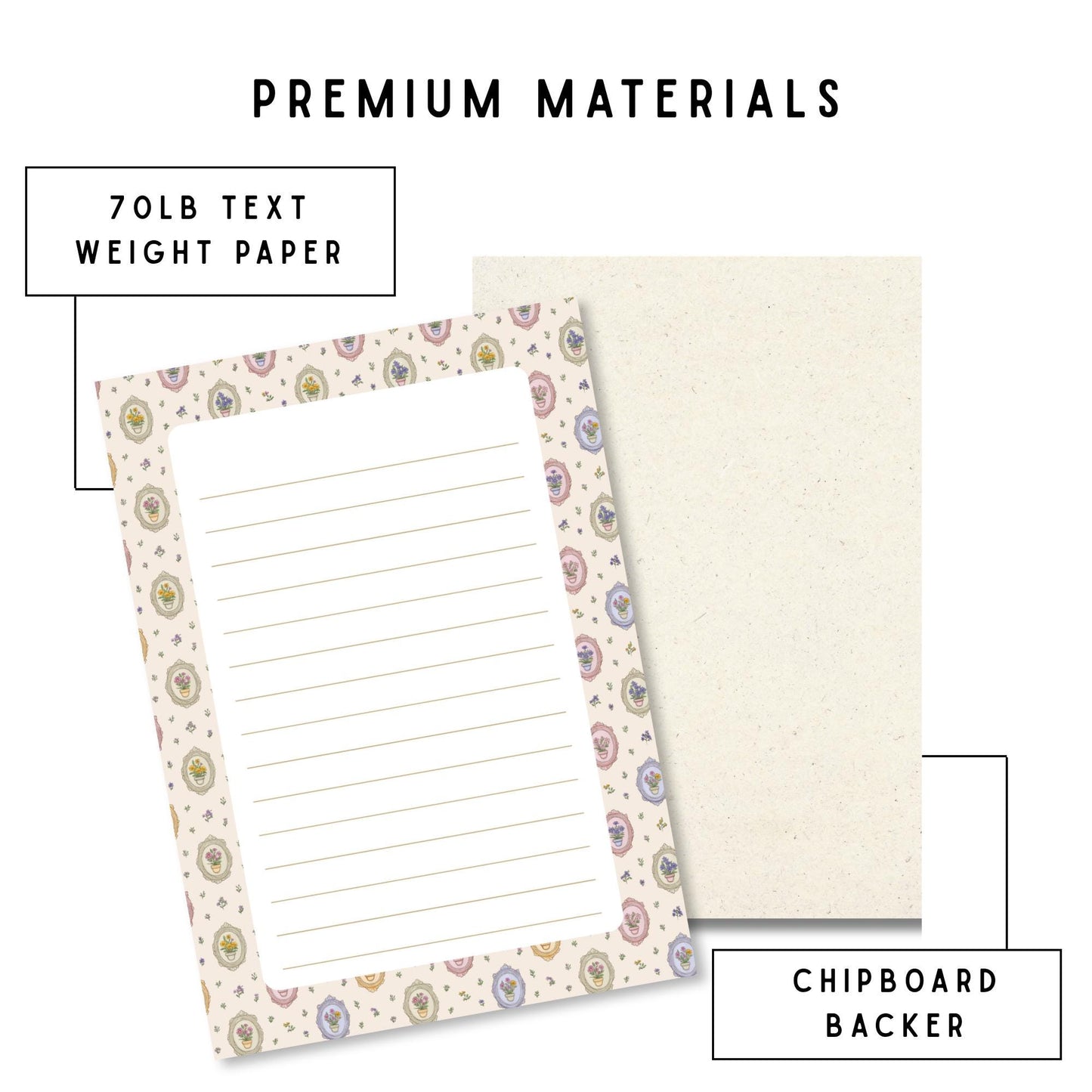 Cottage Core Botanical Notepad Vintage Floral Border Design Lined Writing Pages Tear Off Sheets Desk Organization Stationery Women Office Supplies Pastel Flower Pattern Cream Background Premium Quality Paper Daily Notes Journaling Pad