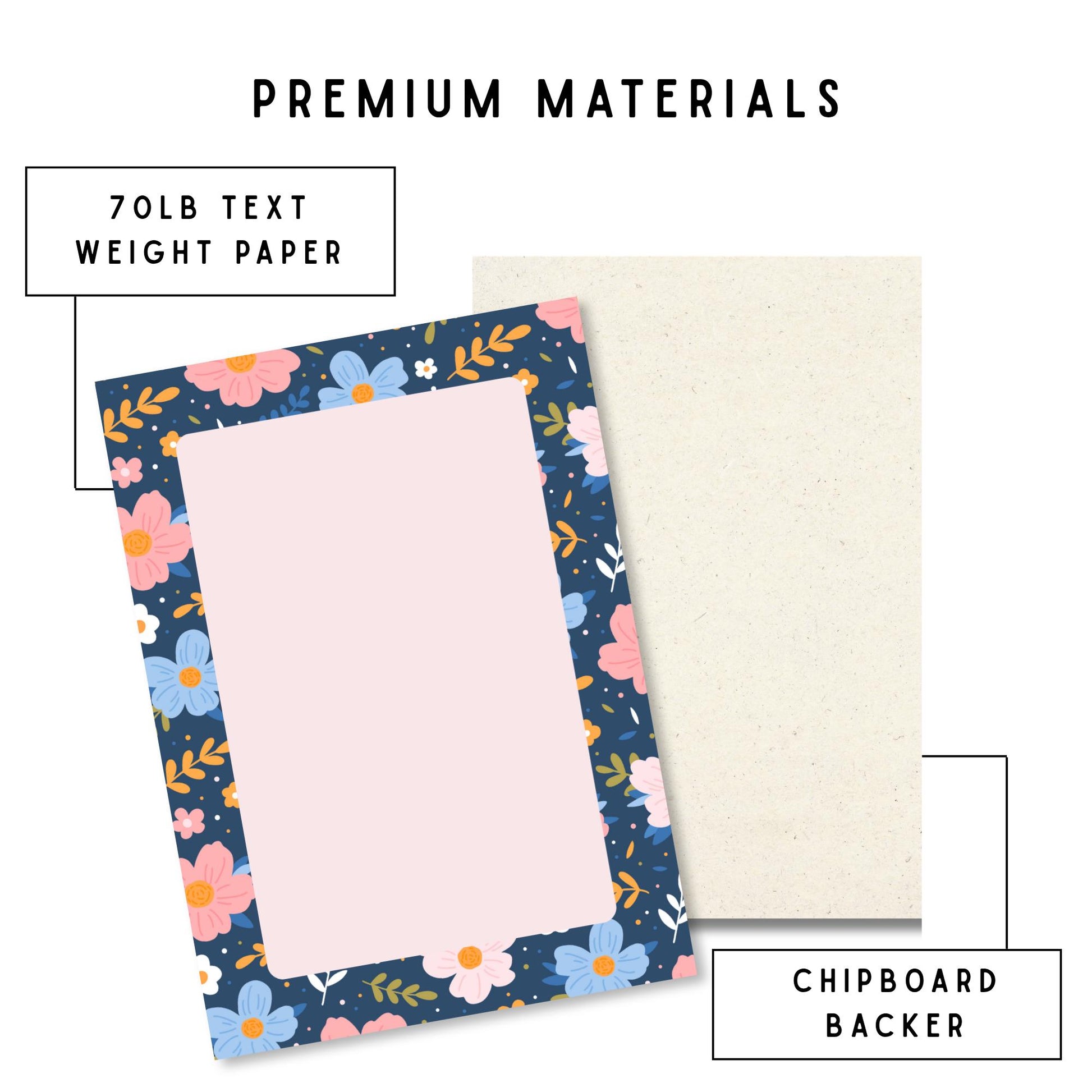 Desk Writing Pad Lined Notepad Floral Botanical Design Tear Away Sheets Chipboard Backing Premium Paper Stock Office Organization Essential Daily Note Taking Tool Shopping List Pad Pink Blue Flowers Orange Leaves Navy Background Gift