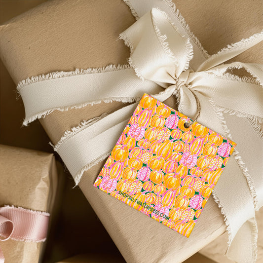 Fall Party Favor Tag Autumn Celebration Gift Label Personalized Custom Name Pumpkin Floral Pattern Orange Pink Yellow Design Thanksgiving Halloween Birthday Harvest Festival Present Package Square Cardstock Tag Premium Linen Material Double