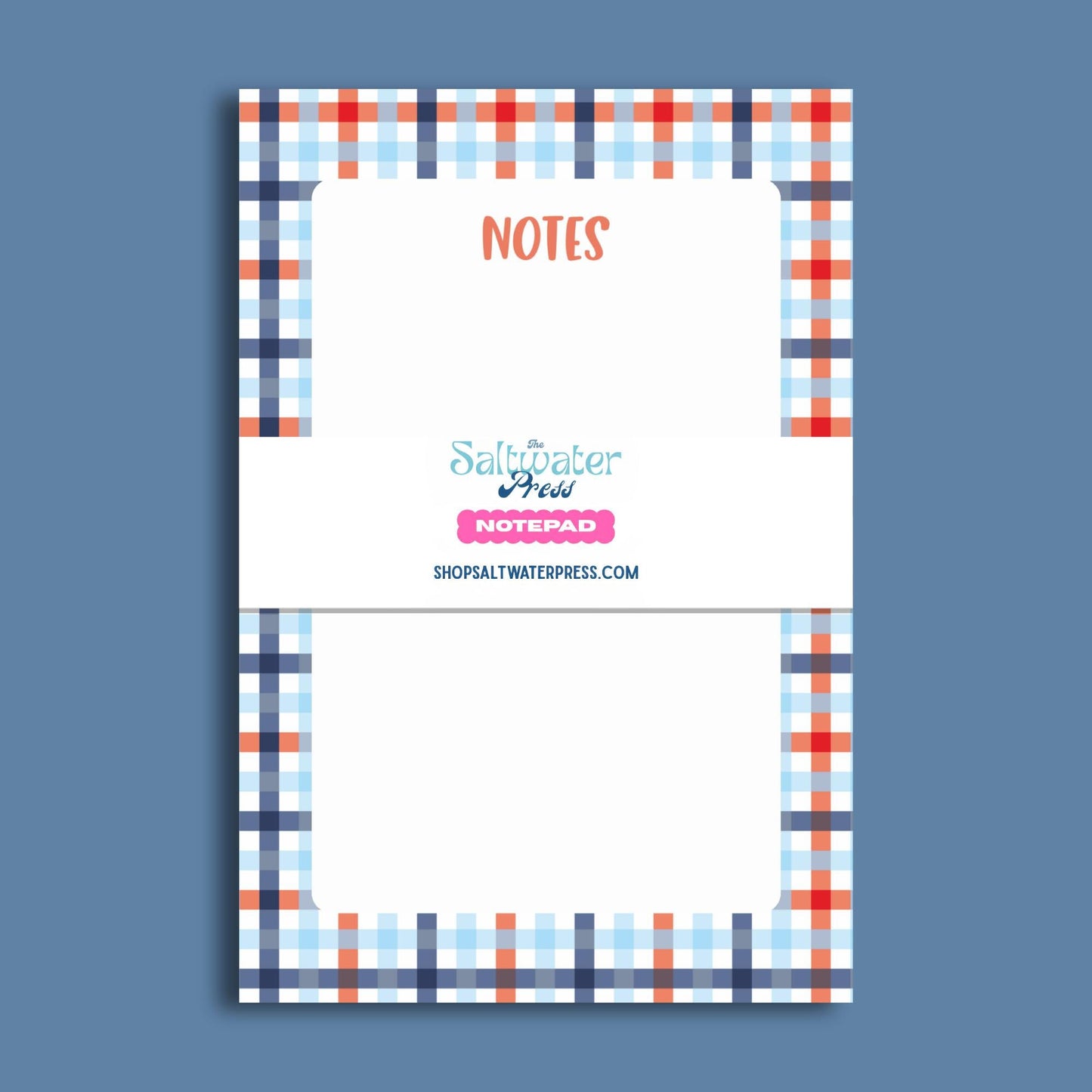 Preppy Desk Notepad Plaid Gingham Design Perfect Gift Idea Coastal Style Stationery Tear Away Memo Pad Office Supplies Collection Blue Coral Pattern Writing Paper Daily Organization Essential Boutique Quality Notepad Teacher Gift