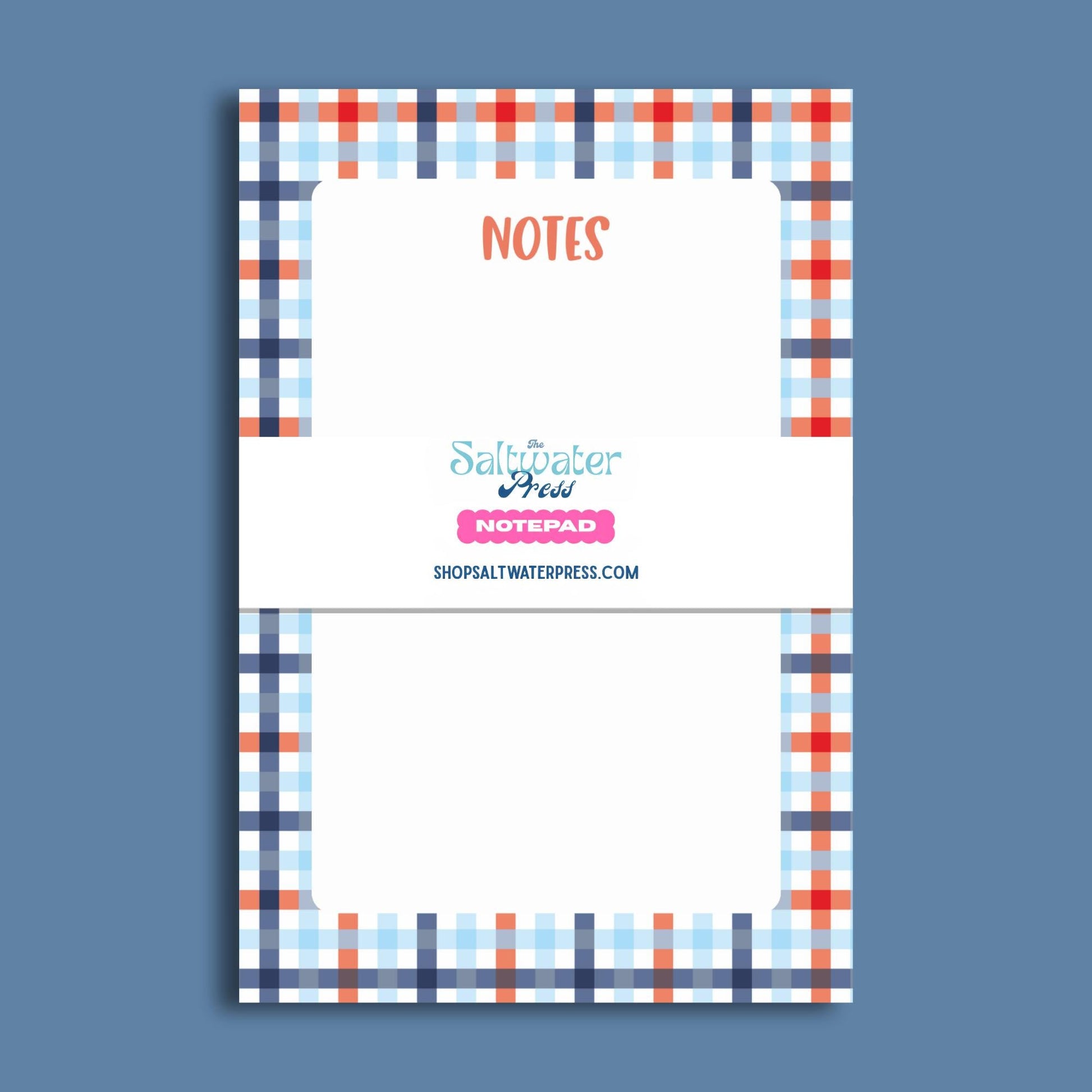 Preppy Desk Notepad Plaid Gingham Design Perfect Gift Idea Coastal Style Stationery Tear Away Memo Pad Office Supplies Collection Blue Coral Pattern Writing Paper Daily Organization Essential Boutique Quality Notepad Teacher Gift