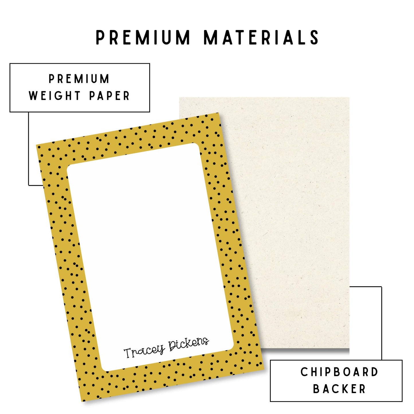 Personalized Stationery Custom Notepad Yellow Border Design Polka Dot Pattern Office Organization Desk Accessories Daily Planning List Making Premium Paper Quality Tear Away Sheets Blank Writing Space Note Taking Essentials Appreciation
