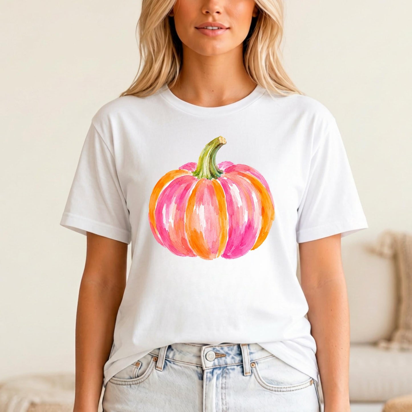 Watercolor Pumpkin Shirt Women Fall Graphic Tee Pink Coral Orange Design Artistic Brushstroke Style Halloween Party Outfit Autumn Apparel Casual Seasonal Wear Harvest Festival Clothing Thanksgiving Dinner Shirt Preppy October Fashion Cute