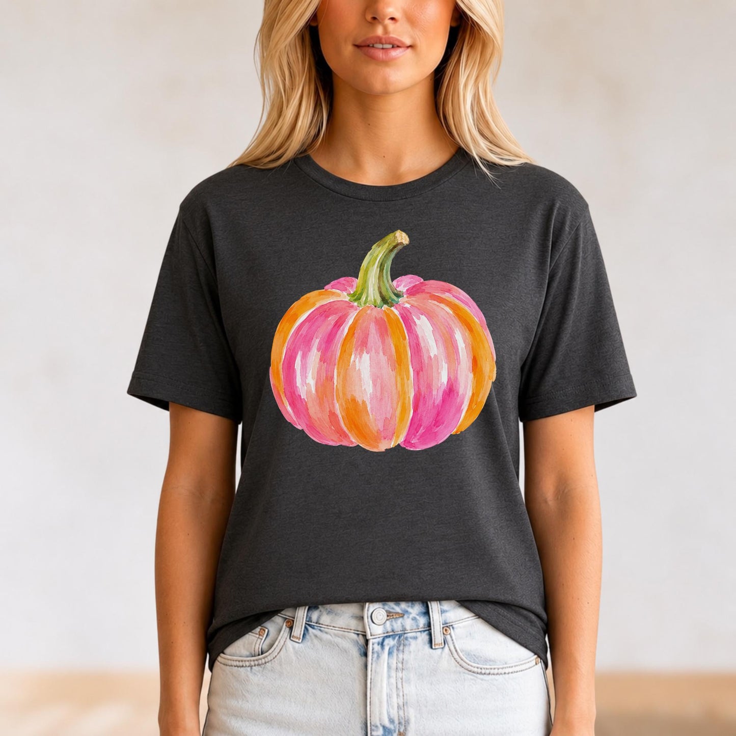 Women Fall Fashion Graphic Tee Watercolor Pumpkin Design Pink Coral Autumn Shirt Casual Seasonal Clothing Halloween Party Wear Comfortable Everyday Style Harvest Festival Outfit Thanksgiving Gathering Shirt Preppy October Apparel Cute