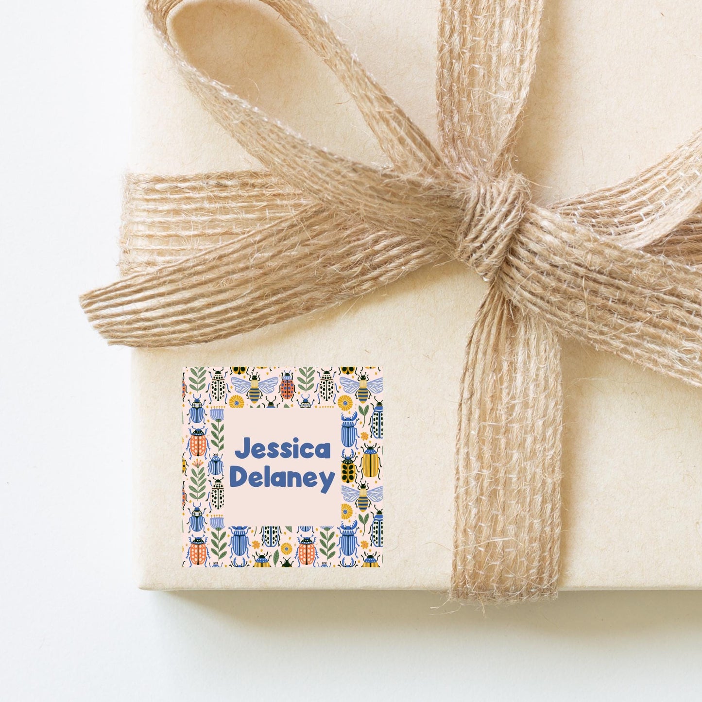 Baby Shower Label Personalized Gift Tag Custom Name Card Insect Botanical Theme Beetle Bee Floral Design Premium Linen Cardstock Birthday Party Place Setting Nursery Room Organization Square Format Whimsical Nature Pattern Colorful Blue