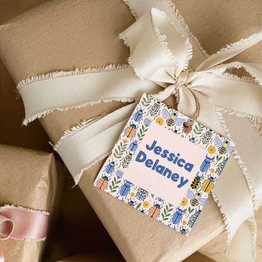 Personalized Gift Tag Custom Name Card Baby Shower Label Insect Botanical Design Beetle Bee Floral Pattern Premium Linen Cardstock Square Format Birthday Party Place Setting Nursery Room Label Whimsical Nature Theme Colorful Blue Orange