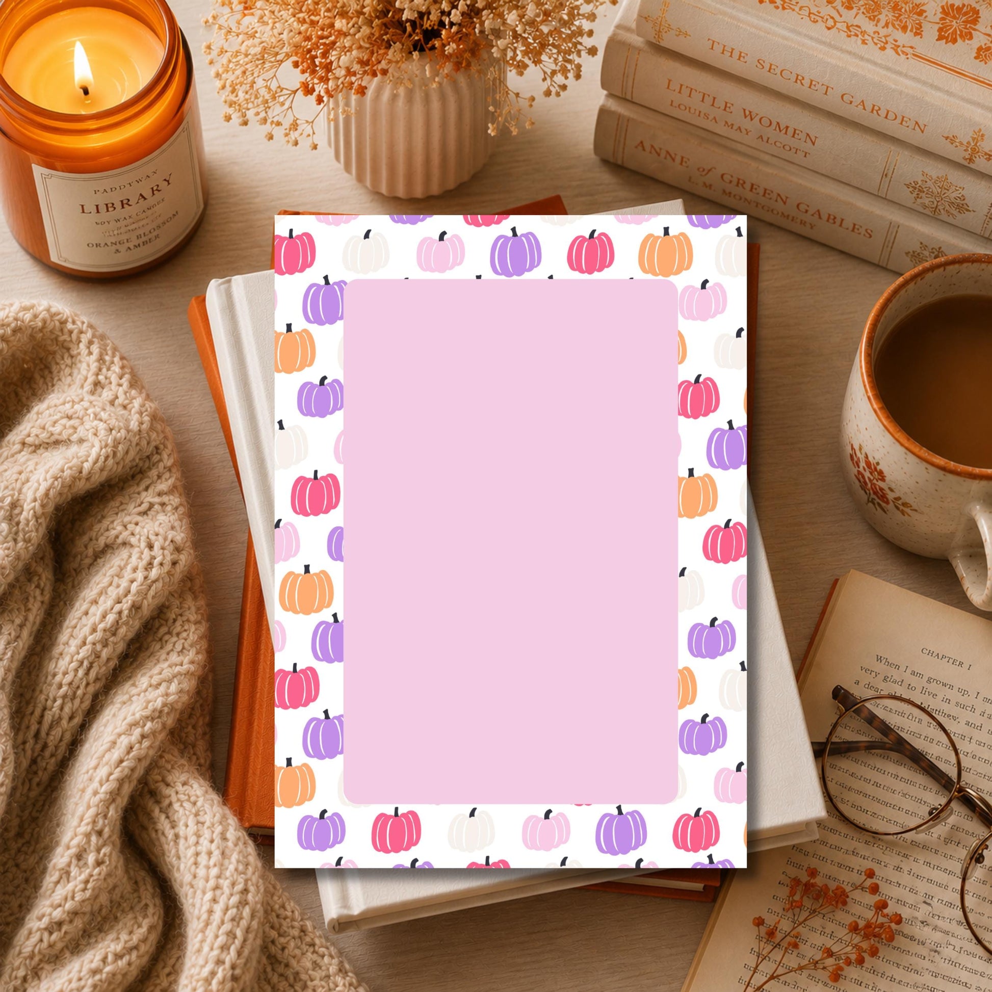 Teacher Gift Supplies Fall Notepad Pumpkin Stationery Autumn Office Organizer Pink Writing Paper Sheets 50 Page Notepad Tear Away Design Daily Memo Pad To Do List Maker Harvest Theme Border Seasonal Desk Accessories 5x7 Inch Size Cute Fall