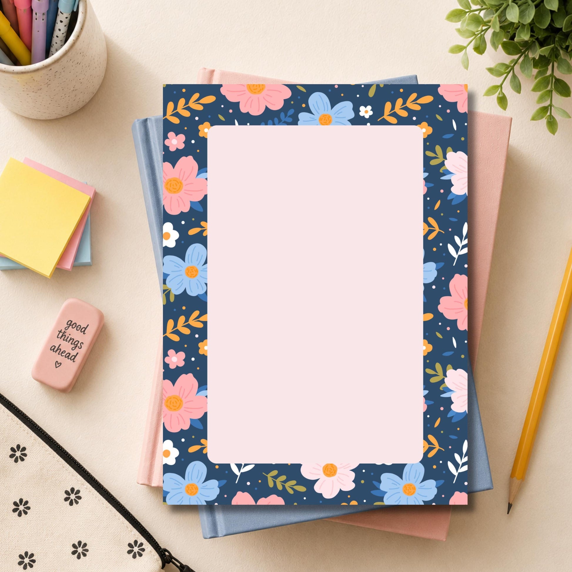 Lined Writing Pad Floral Design Botanical Notepad Daily Note Taking Essential Tear Away Memo Sheets Premium Paper Stock Desk Accessory Pink Blue Flowers Orange Green Leaves Navy Background Office Supply Gift Stationery Shopping List Pad