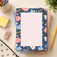 Lined Writing Pad Floral Design Botanical Notepad Daily Note Taking Essential Tear Away Memo Sheets Premium Paper Stock Desk Accessory Pink Blue Flowers Orange Green Leaves Navy Background Office Supply Gift Stationery Shopping List Pad