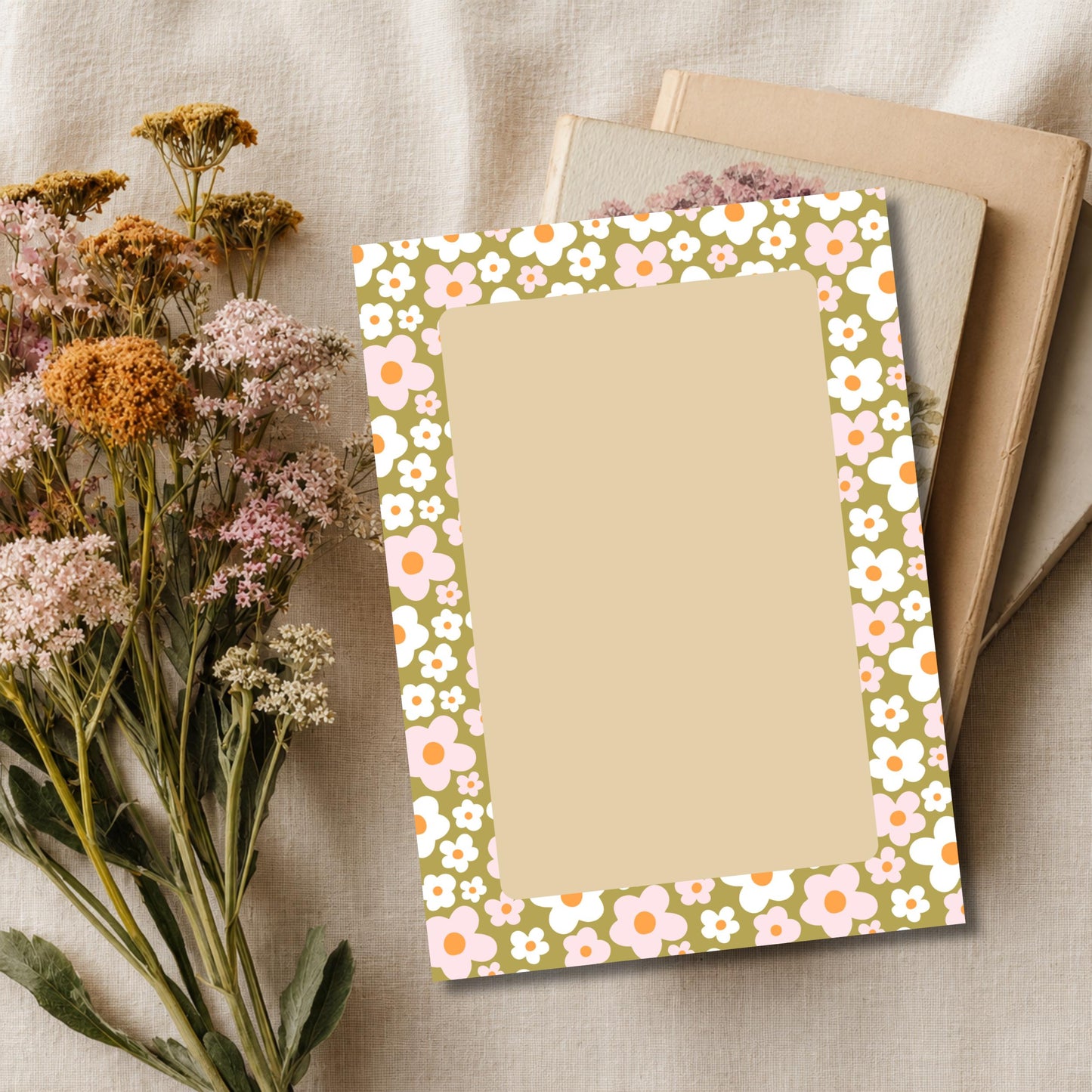 Office Supplies Notepad Vintage Floral Design Retro Botanical Writing Pad 50 Sheet Tearaway Pages Sturdy Backing Premium Paper Quality Daily Notes To Do Lists Shopping List Memo Pad Daisy Pattern Olive Green Pink Cream Orange Flowers Desk