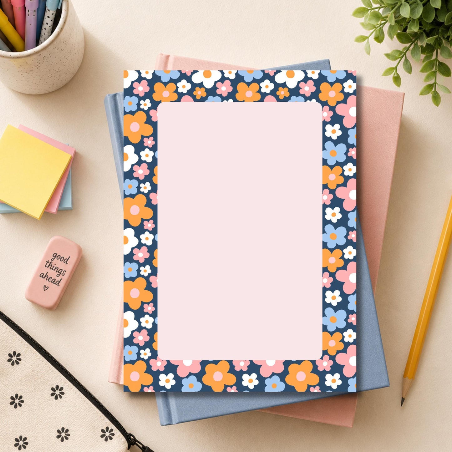 Retro Floral Notepad Vintage Desk Stationery Lined Writing Paper Office Memo Pad Tear Away Pages Beautiful Floral Border Navy Blue Orange Pink Blue White Flowers Daily List Maker Task Planner Office Supplies Desk Organization Tool Chipboard